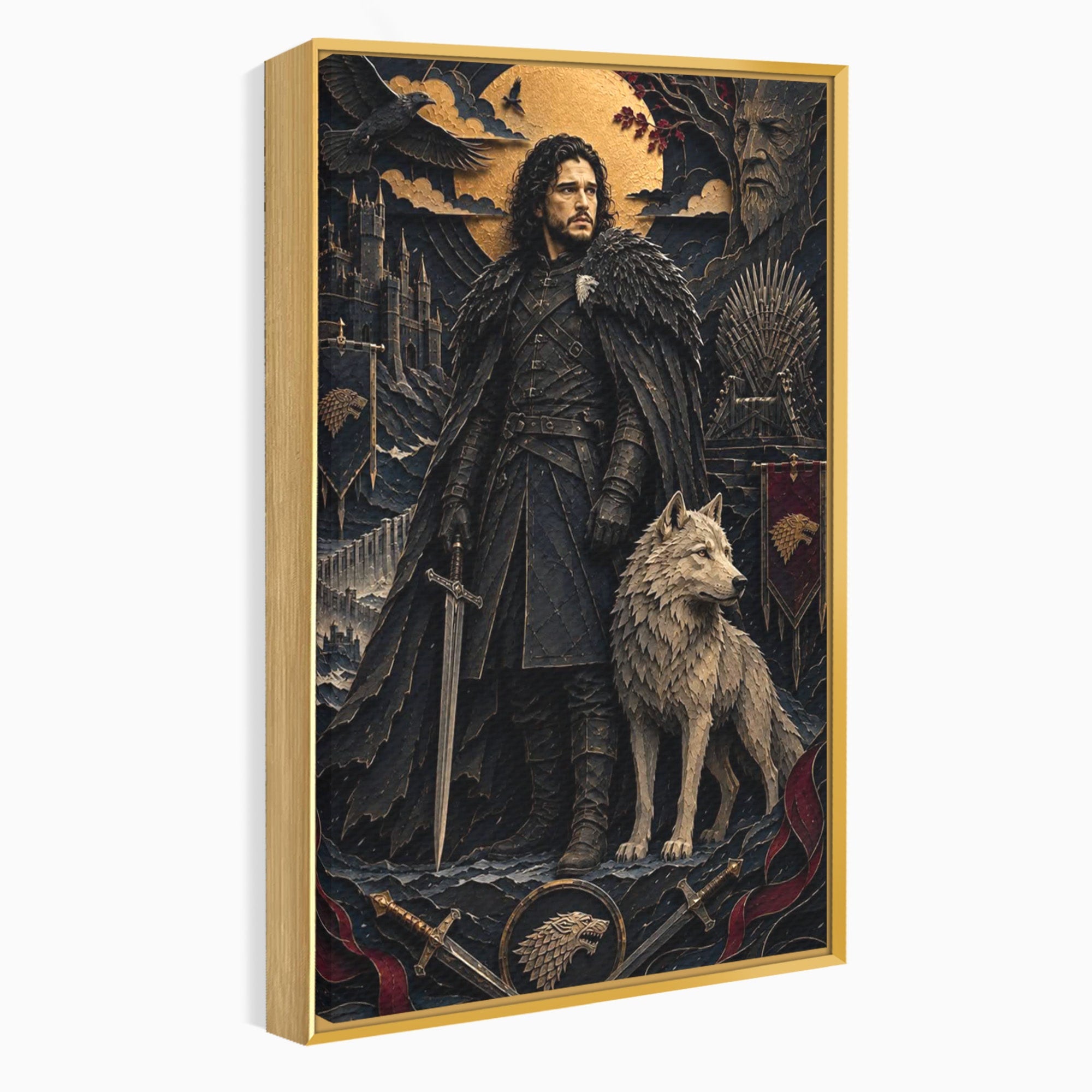 Tablou Canvas Premium LuxCanva® PI1187, Lordul Nordului, Jon Snow, Lup, Alb, Fantezie, Stark, Living, Culori Vibrante