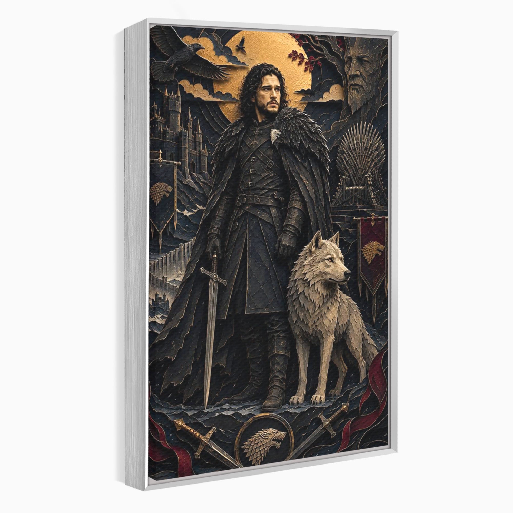 Tablou Canvas Premium LuxCanva® PI1187, Lordul Nordului, Jon Snow, Lup, Alb, Fantezie, Stark, Living, Culori Vibrante