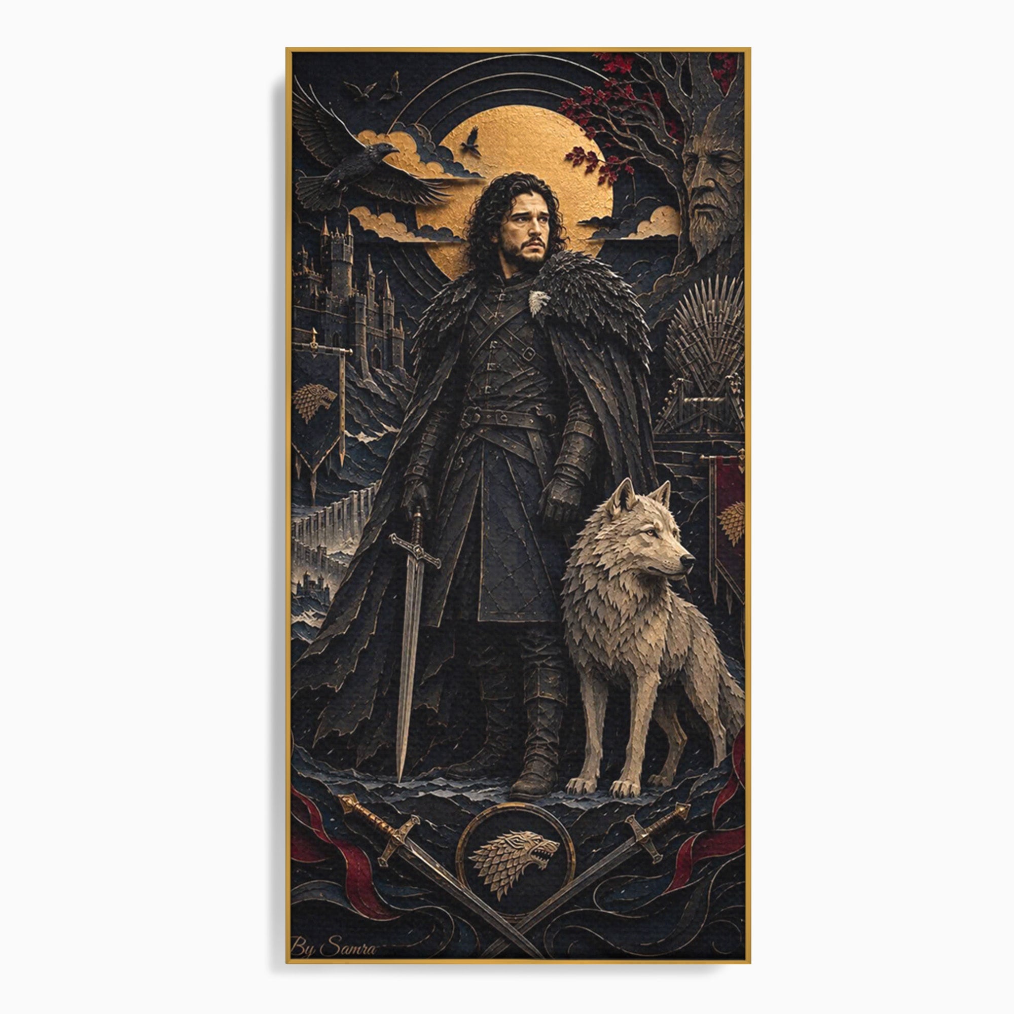Tablou Canvas Premium LuxCanva® PI1187, Lordul Nordului, Jon Snow, Lup, Alb, Fantezie, Stark, Living, Culori Vibrante