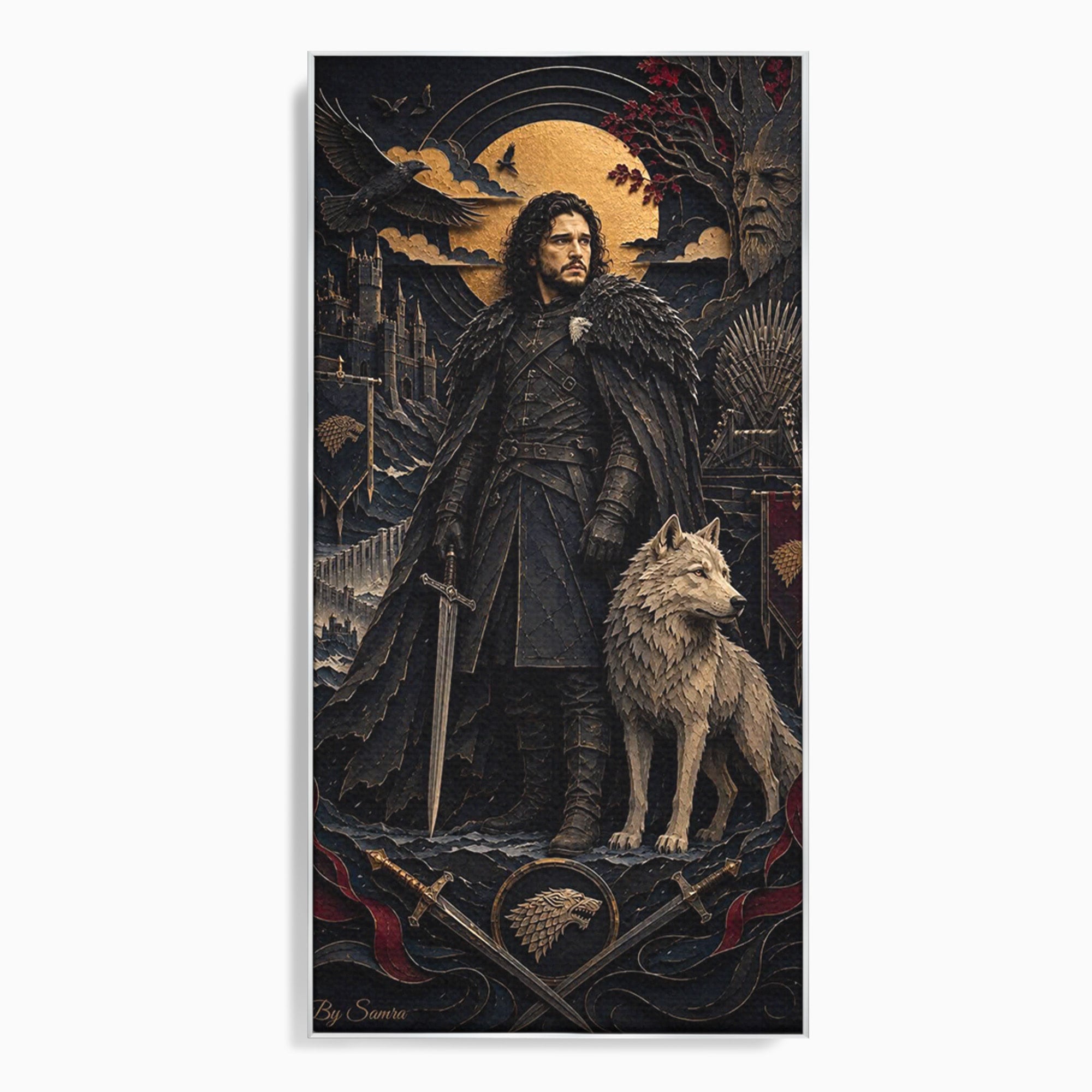 Tablou Canvas Premium LuxCanva® PI1187, Lordul Nordului, Jon Snow, Lup, Alb, Fantezie, Stark, Living, Culori Vibrante