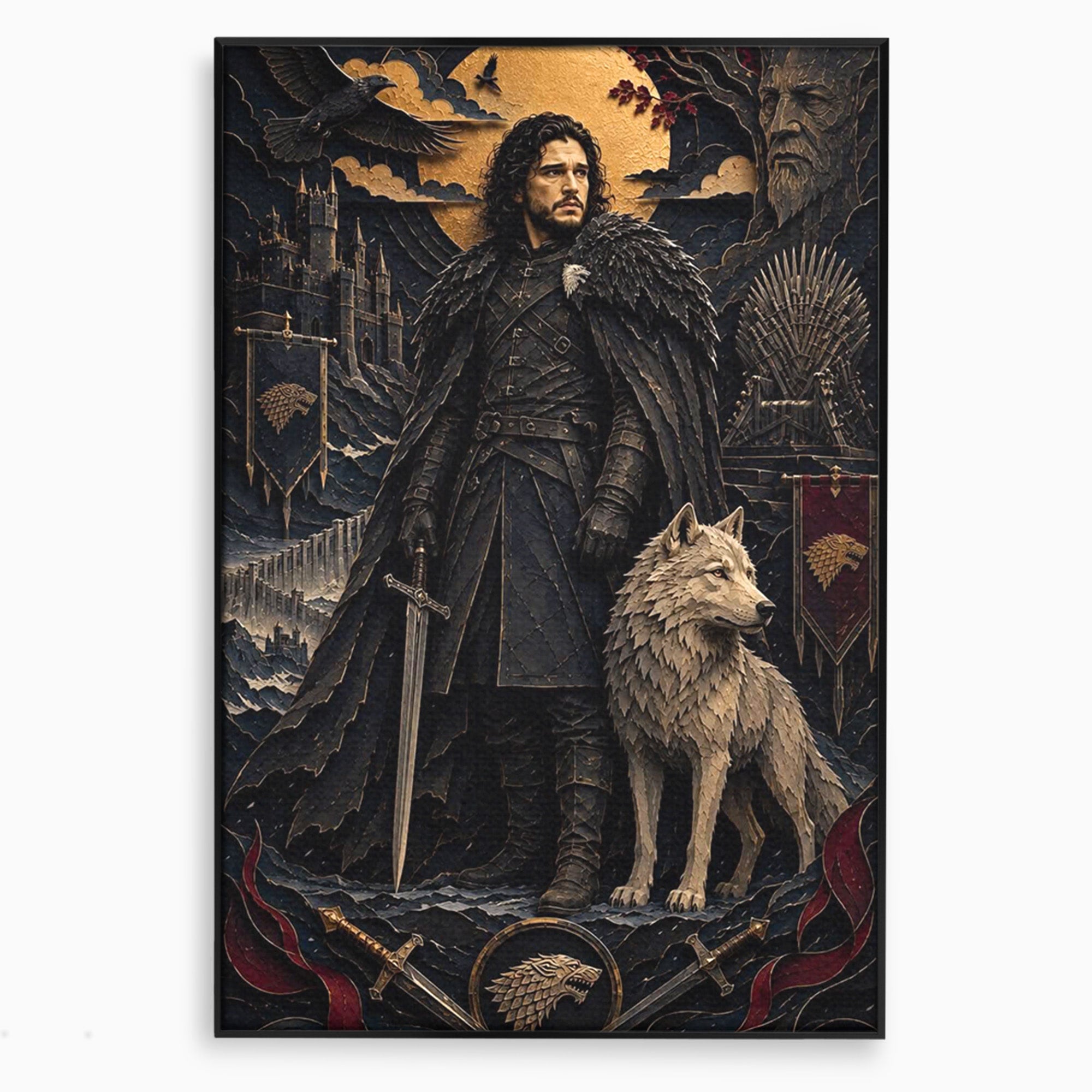 Tablou Canvas Premium LuxCanva® PI1187, Lordul Nordului, Jon Snow, Lup, Alb, Fantezie, Stark, Living, Culori Vibrante
