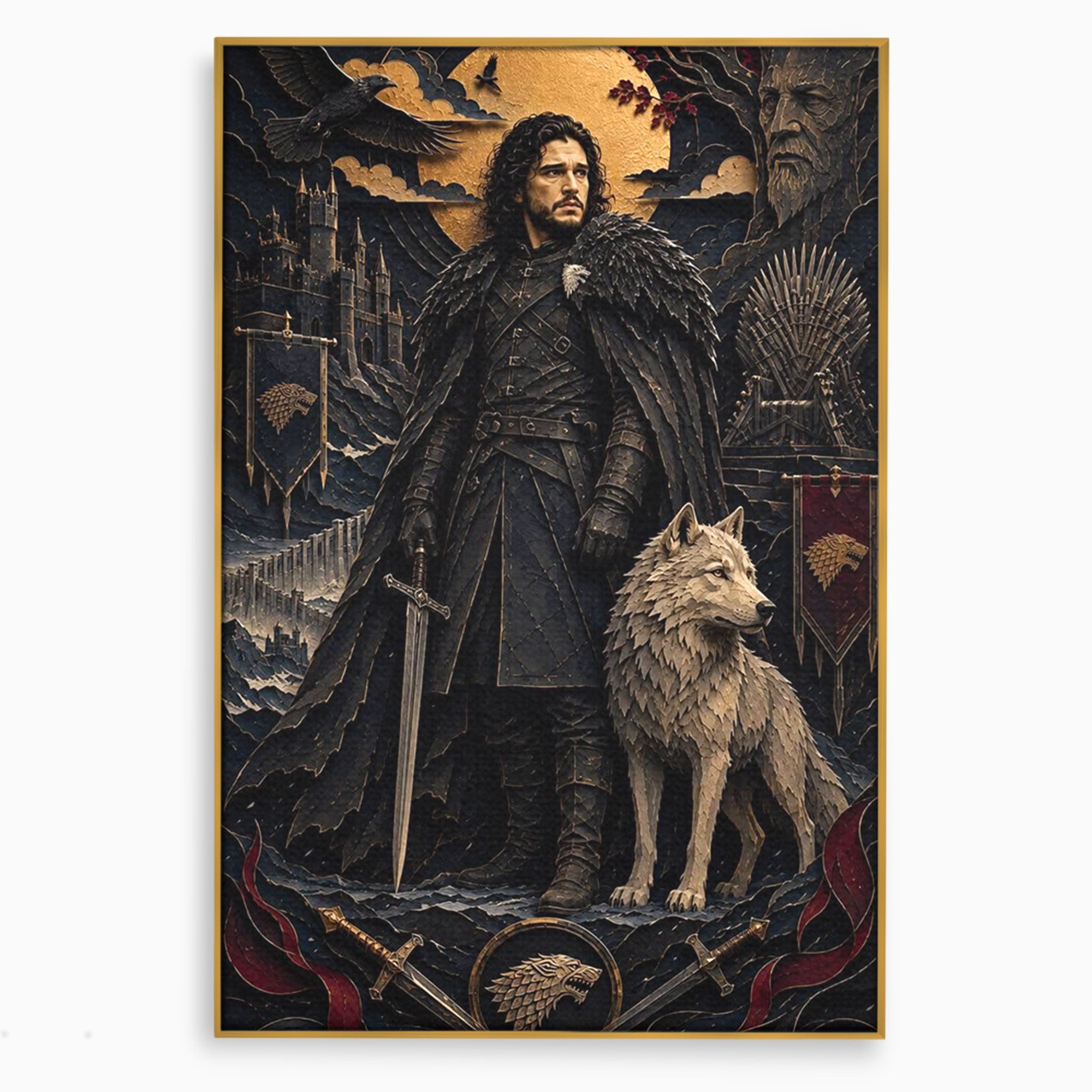 Tablou Canvas Premium LuxCanva® PI1187, Lordul Nordului, Jon Snow, Lup, Alb, Fantezie, Stark, Living, Culori Vibrante