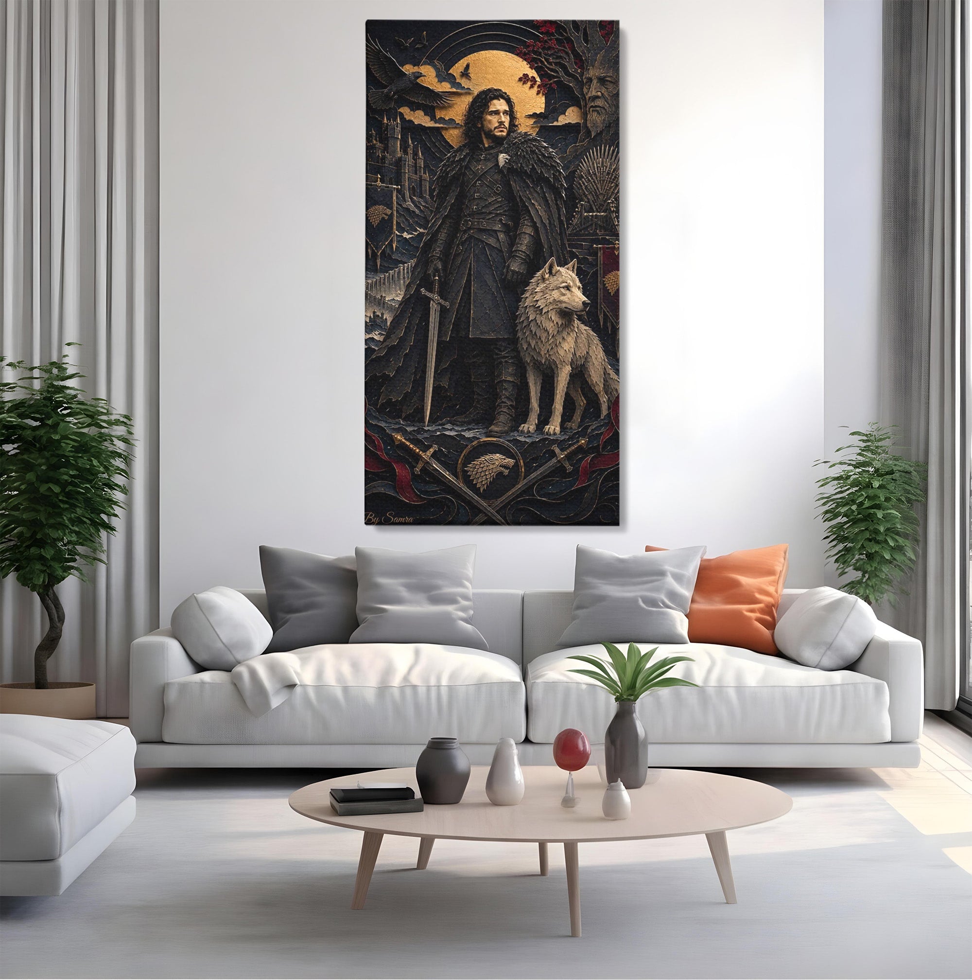 Tablou Canvas Premium LuxCanva® PI1187, Lordul Nordului, Jon Snow, Lup, Alb, Fantezie, Stark, Living, Culori Vibrante