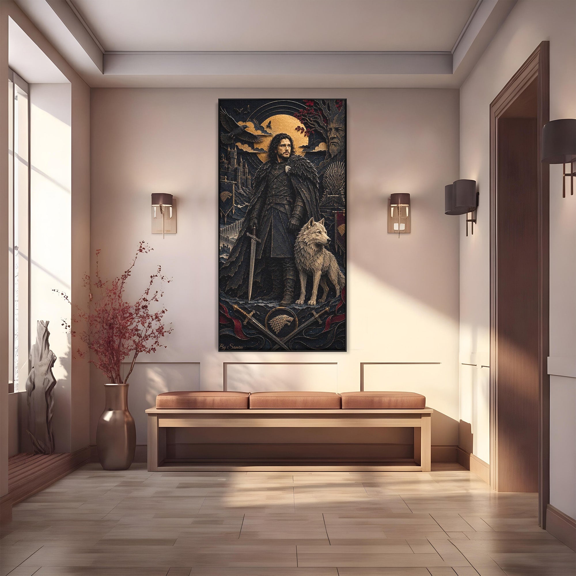 Tablou Canvas Premium LuxCanva® PI1187, Lordul Nordului, Jon Snow, Lup, Alb, Fantezie, Stark, Living, Culori Vibrante