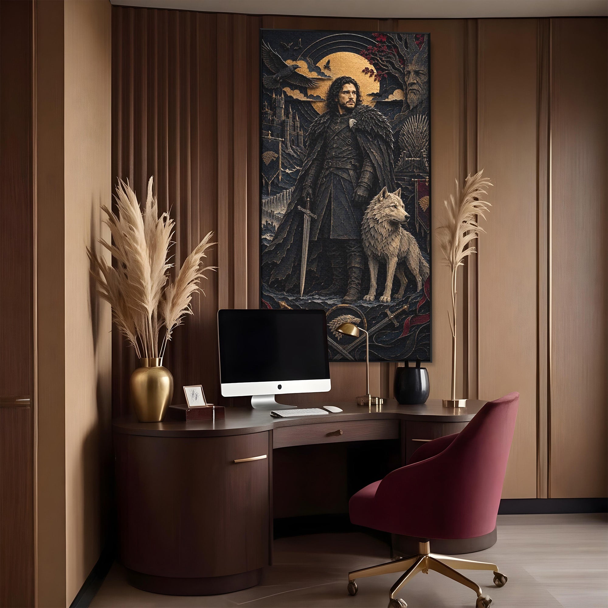 Tablou Canvas Premium LuxCanva® PI1187, Lordul Nordului, Jon Snow, Lup, Alb, Fantezie, Stark, Living, Culori Vibrante
