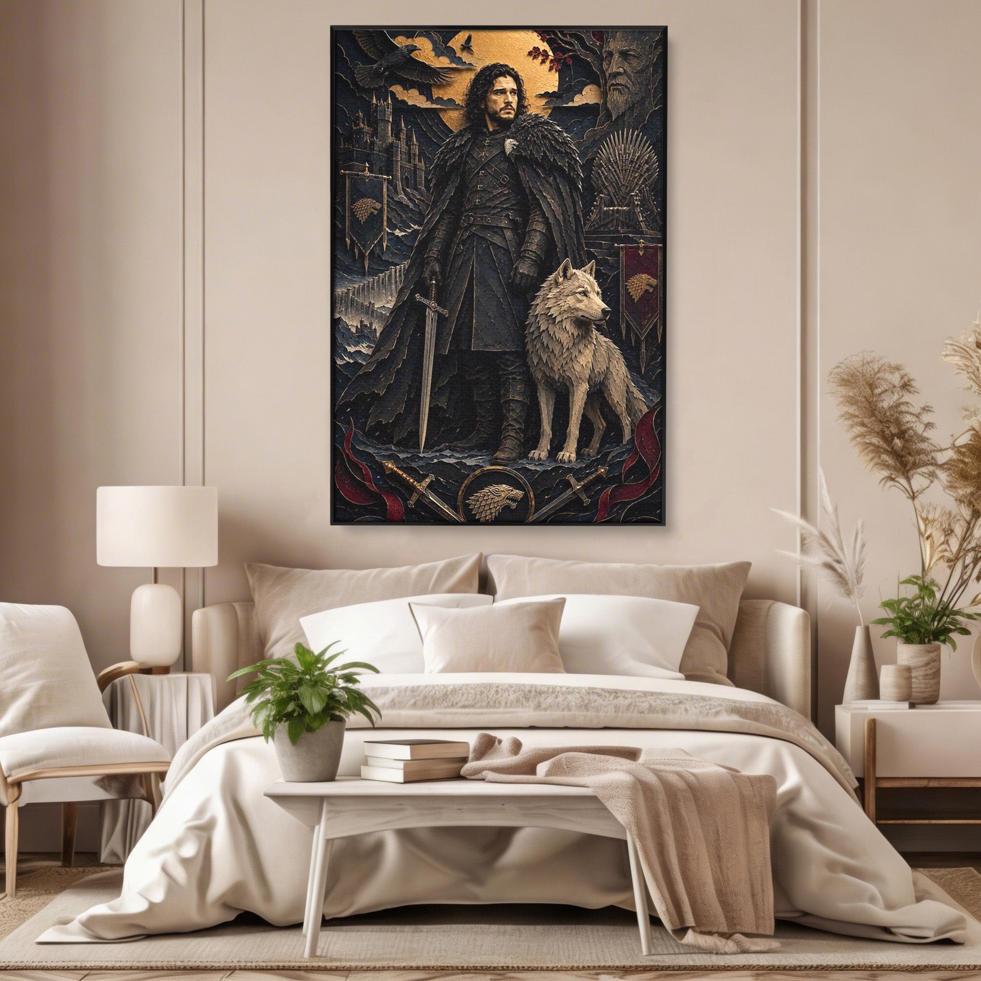 Tablou Canvas Premium LuxCanva® PI1187, Lordul Nordului, Jon Snow, Lup, Alb, Fantezie, Stark, Living, Culori Vibrante