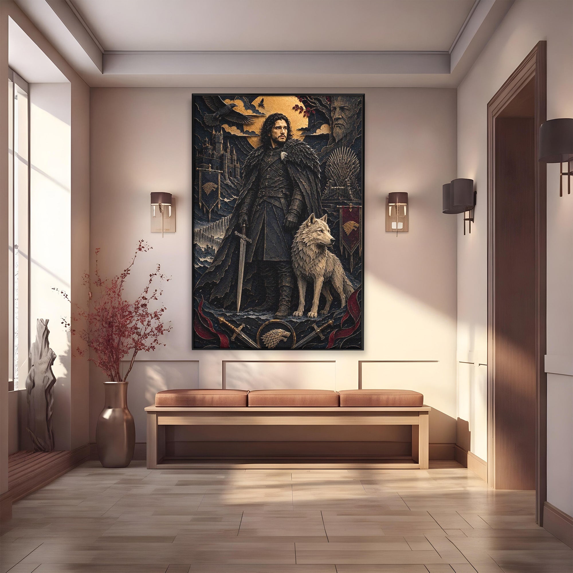 Tablou Canvas Premium LuxCanva® PI1187, Lordul Nordului, Jon Snow, Lup, Alb, Fantezie, Stark, Living, Culori Vibrante