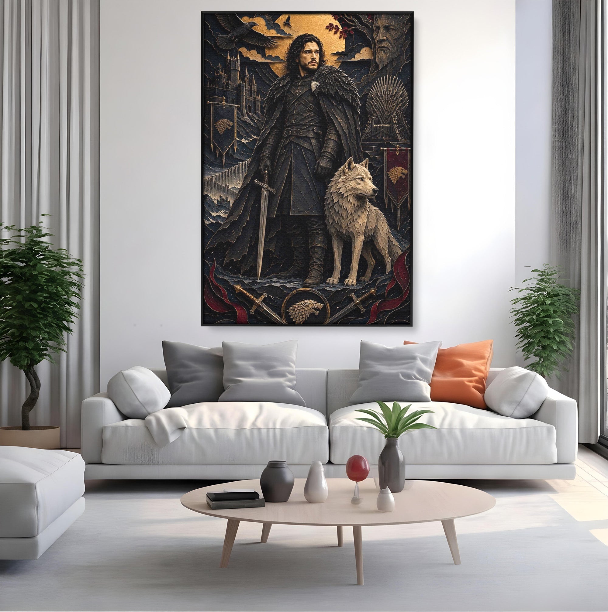 Tablou Canvas Premium LuxCanva® PI1187, Lordul Nordului, Jon Snow, Lup, Alb, Fantezie, Stark, Living, Culori Vibrante