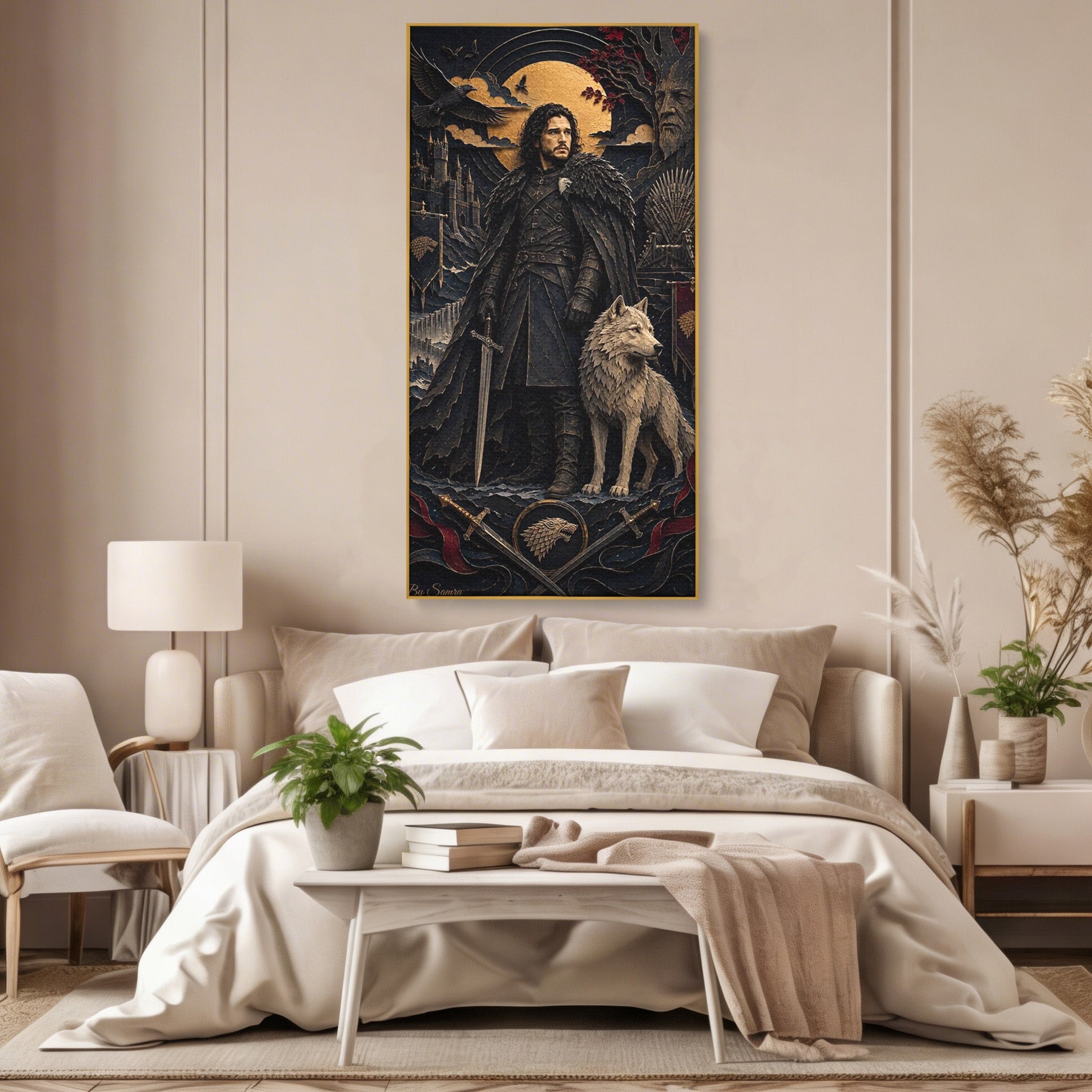 Tablou Canvas Premium LuxCanva® PI1187, Lordul Nordului, Jon Snow, Lup, Alb, Fantezie, Stark, Living, Culori Vibrante