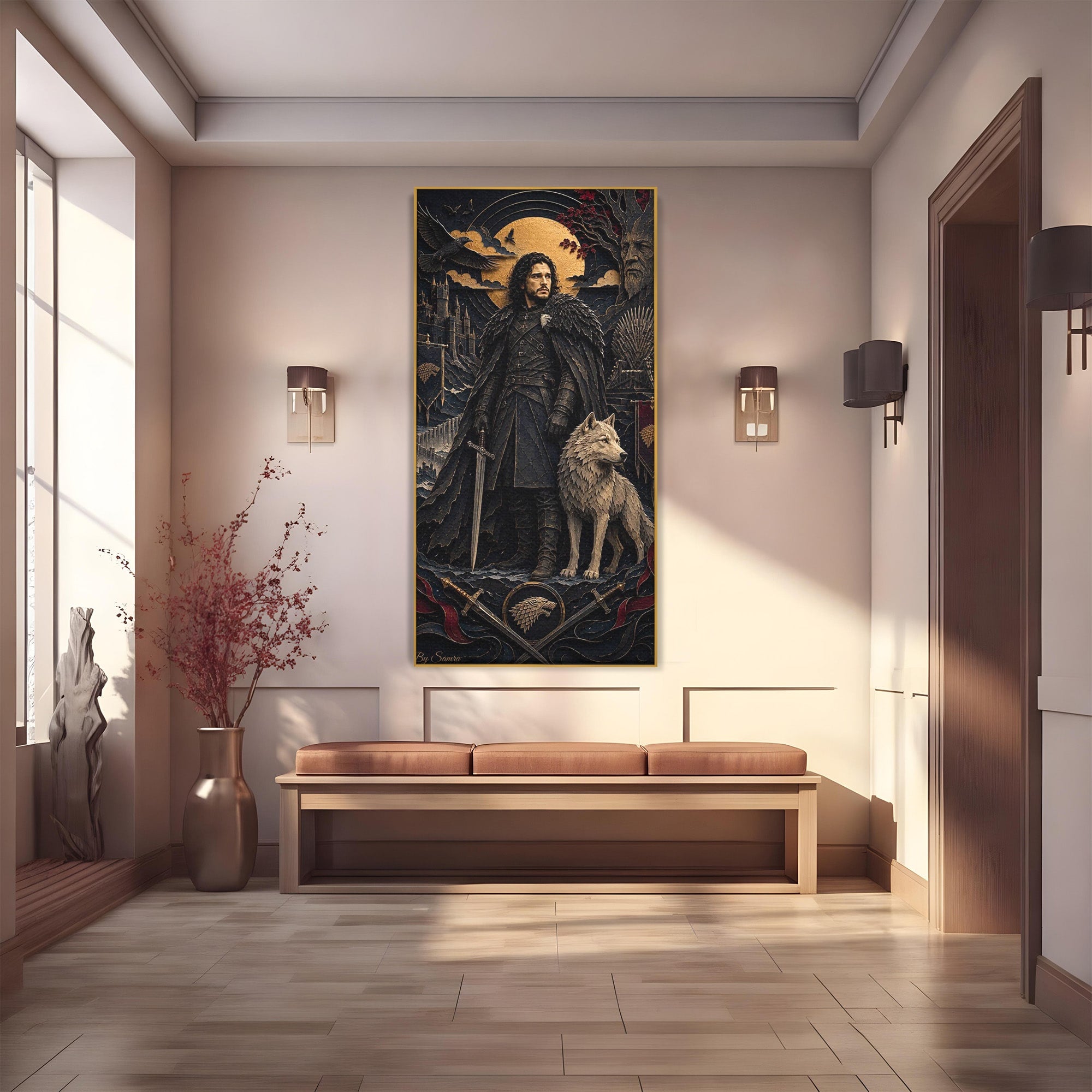 Tablou Canvas Premium LuxCanva® PI1187, Lordul Nordului, Jon Snow, Lup, Alb, Fantezie, Stark, Living, Culori Vibrante