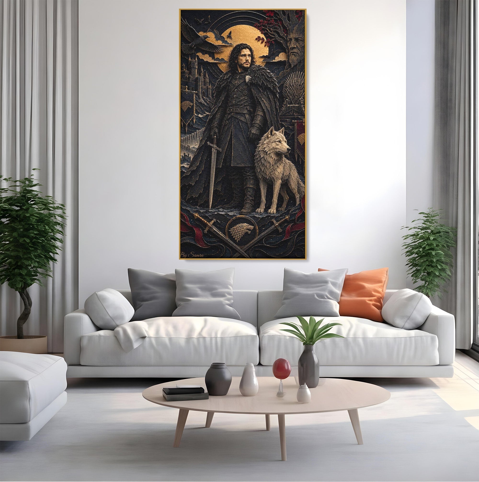 Tablou Canvas Premium LuxCanva® PI1187, Lordul Nordului, Jon Snow, Lup, Alb, Fantezie, Stark, Living, Culori Vibrante