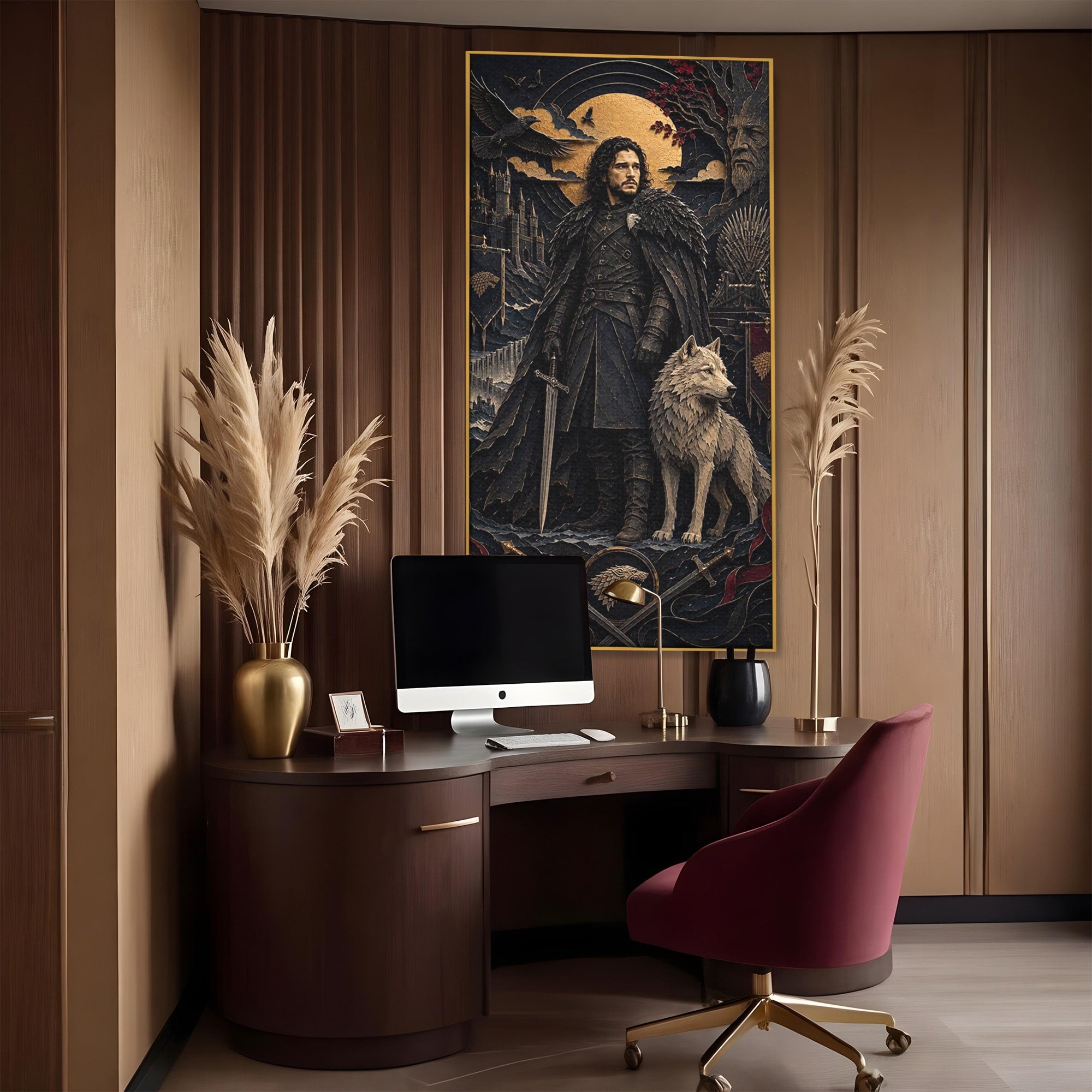 Tablou Canvas Premium LuxCanva® PI1187, Lordul Nordului, Jon Snow, Lup, Alb, Fantezie, Stark, Living, Culori Vibrante