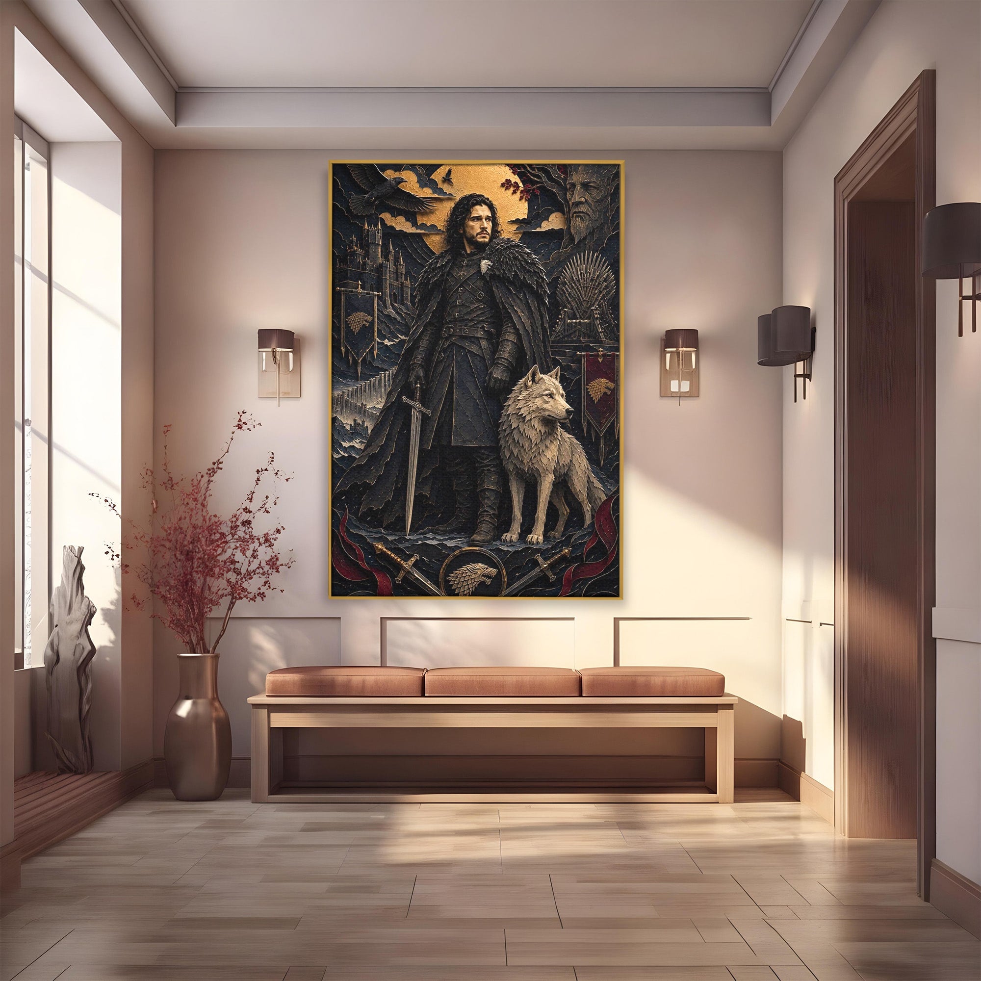 Tablou Canvas Premium LuxCanva® PI1187, Lordul Nordului, Jon Snow, Lup, Alb, Fantezie, Stark, Living, Culori Vibrante