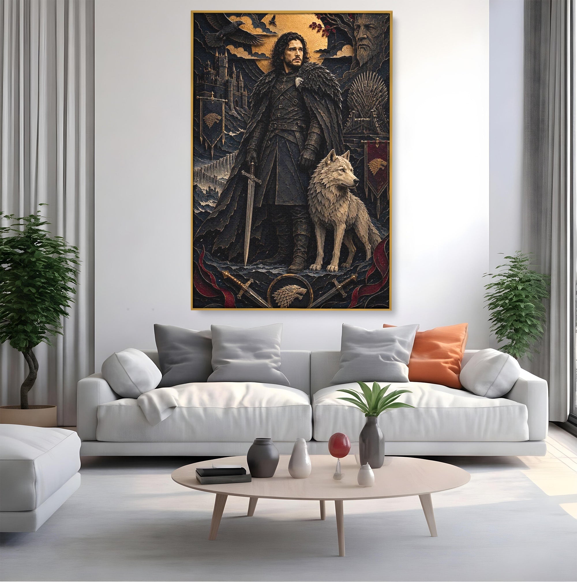 Tablou Canvas Premium LuxCanva® PI1187, Lordul Nordului, Jon Snow, Lup, Alb, Fantezie, Stark, Living, Culori Vibrante