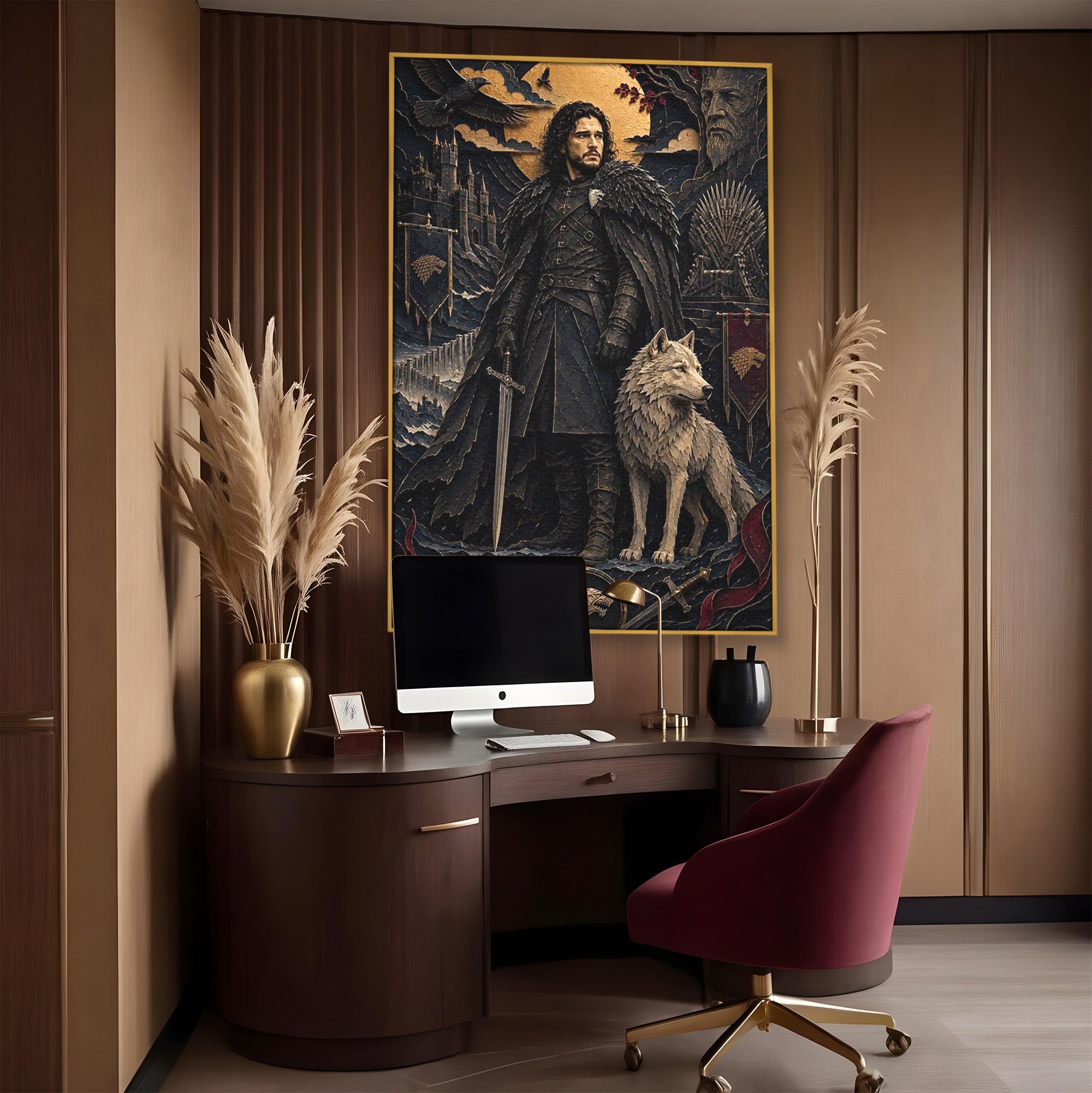 Tablou Canvas Premium LuxCanva® PI1187, Lordul Nordului, Jon Snow, Lup, Alb, Fantezie, Stark, Living, Culori Vibrante