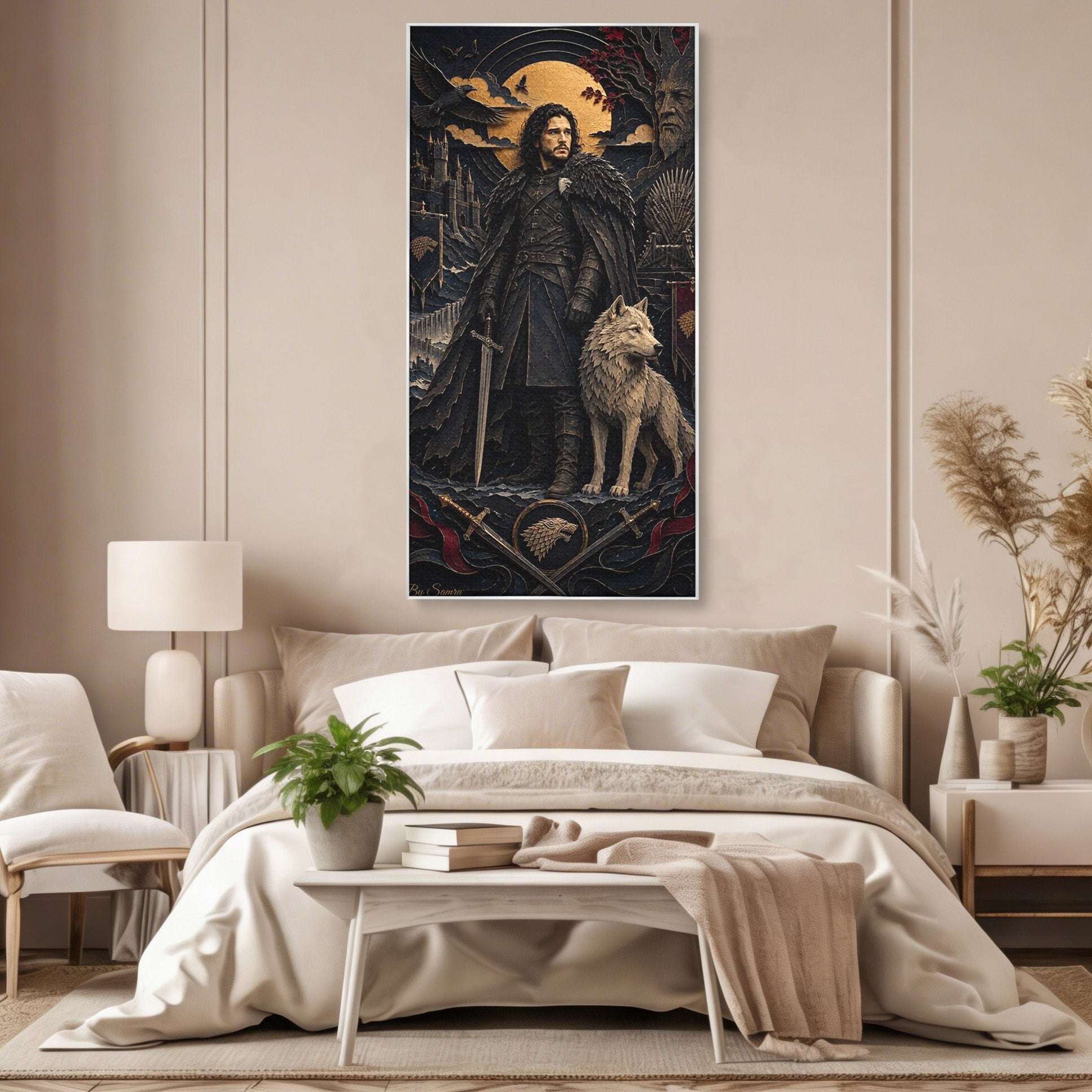 Tablou Canvas Premium LuxCanva® PI1187, Lordul Nordului, Jon Snow, Lup, Alb, Fantezie, Stark, Living, Culori Vibrante
