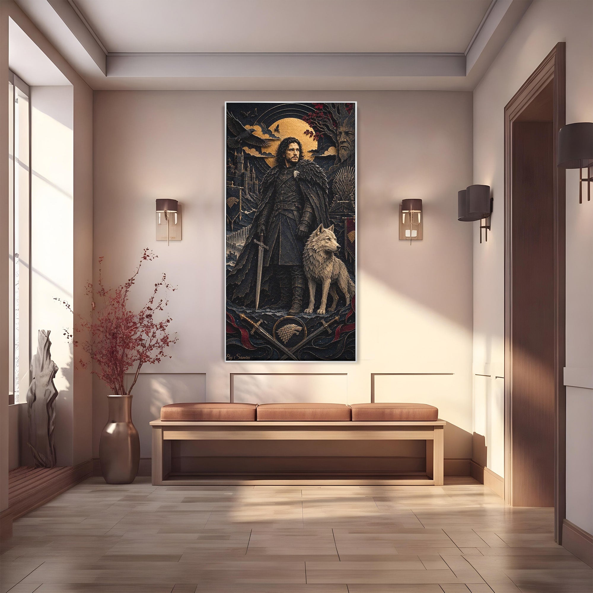 Tablou Canvas Premium LuxCanva® PI1187, Lordul Nordului, Jon Snow, Lup, Alb, Fantezie, Stark, Living, Culori Vibrante
