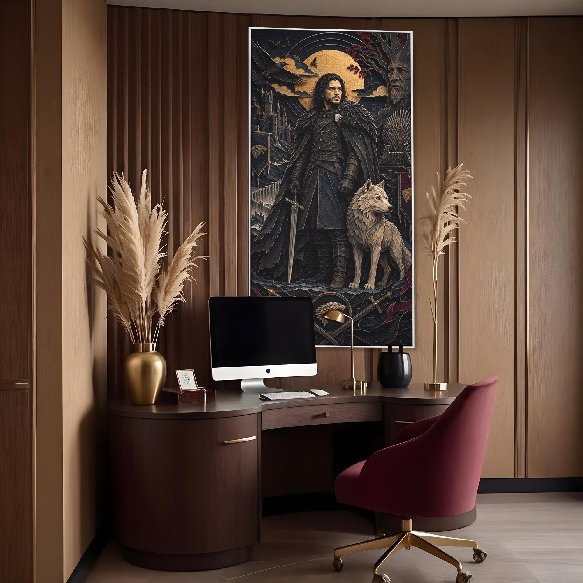 Tablou Canvas Premium LuxCanva® PI1187, Lordul Nordului, Jon Snow, Lup, Alb, Fantezie, Stark, Living, Culori Vibrante