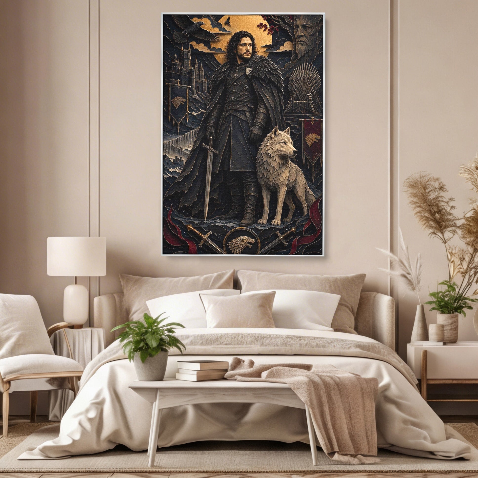 Tablou Canvas Premium LuxCanva® PI1187, Lordul Nordului, Jon Snow, Lup, Alb, Fantezie, Stark, Living, Culori Vibrante