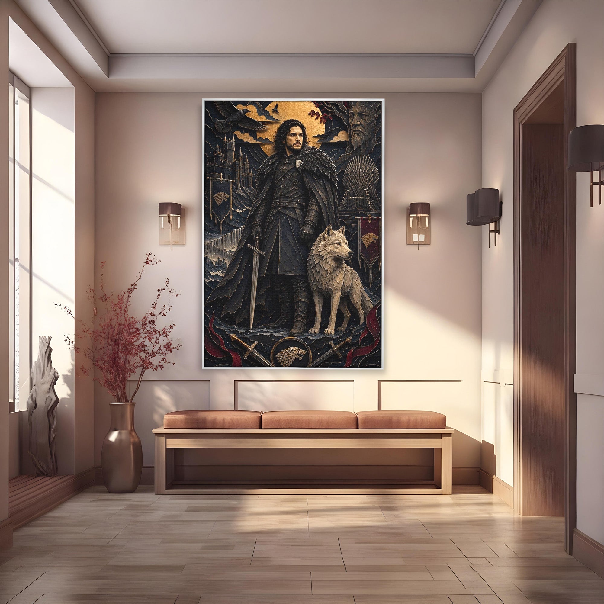 Tablou Canvas Premium LuxCanva® PI1187, Lordul Nordului, Jon Snow, Lup, Alb, Fantezie, Stark, Living, Culori Vibrante