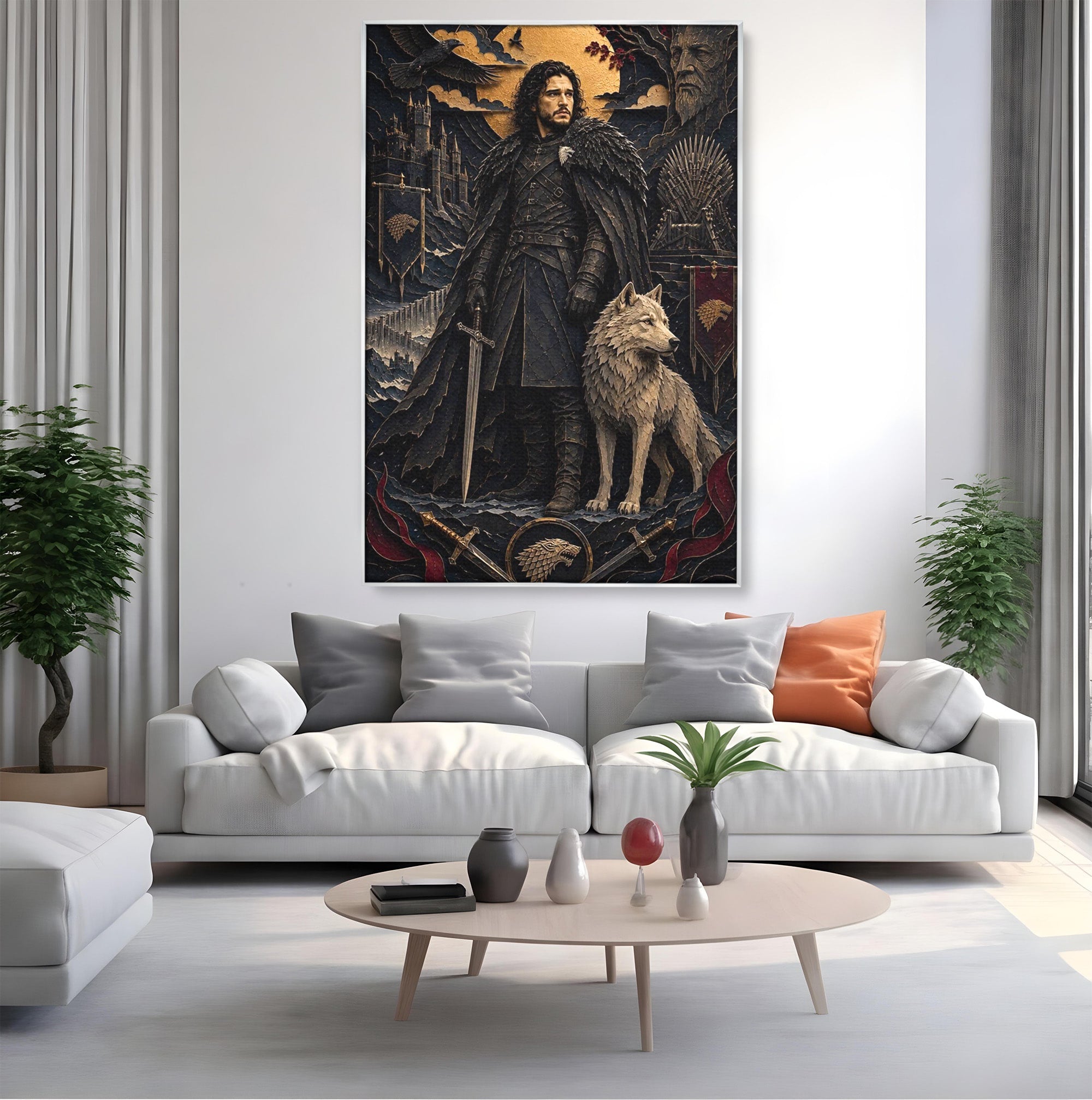 Tablou Canvas Premium LuxCanva® PI1187, Lordul Nordului, Jon Snow, Lup, Alb, Fantezie, Stark, Living, Culori Vibrante