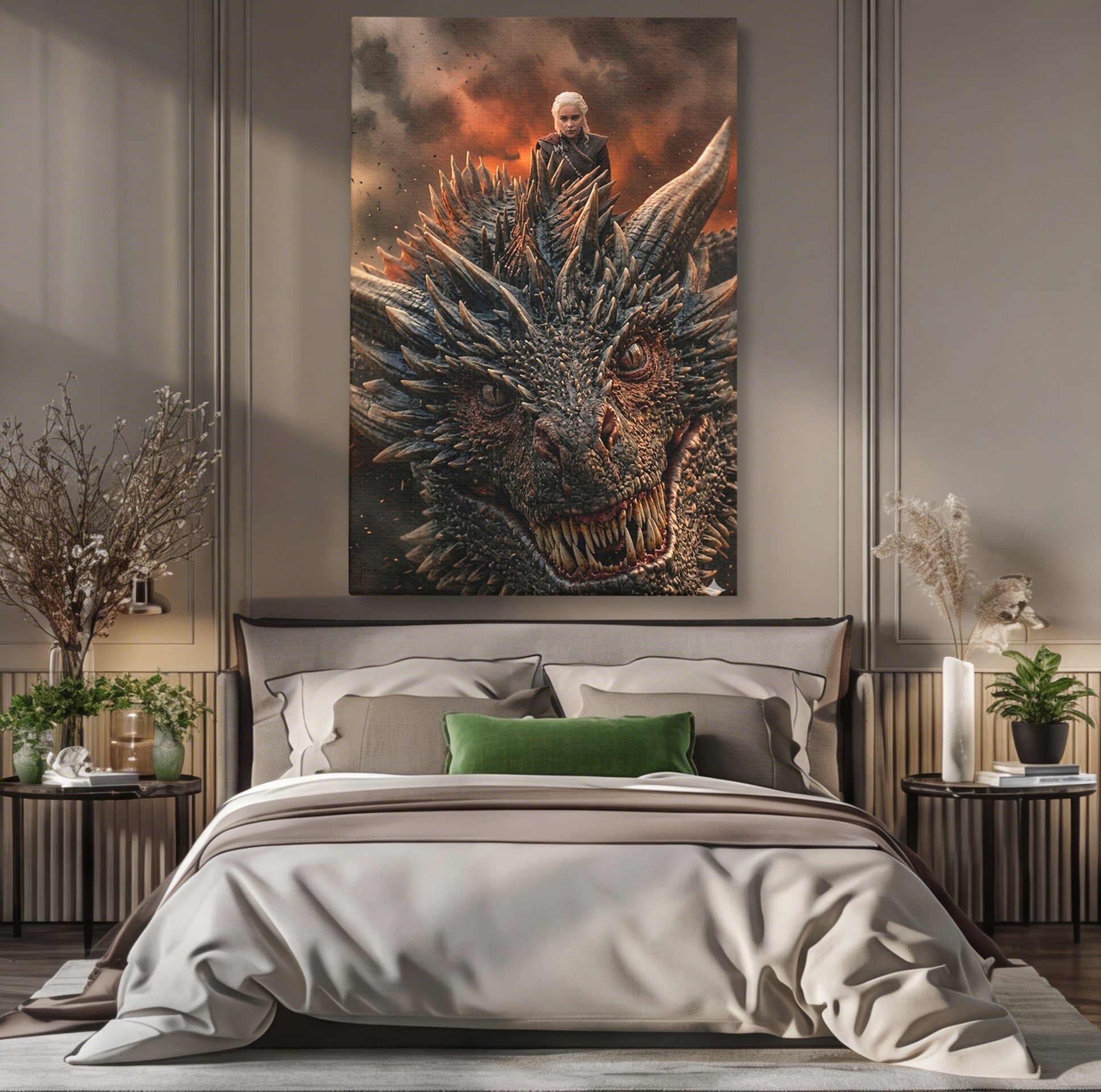 Tablou Canvas Premium LuxCanva® PI1202, Dragon In Zbor, Daenerys, Fantezie, Aventura, Epica, Dormitor, Culori Vibrante