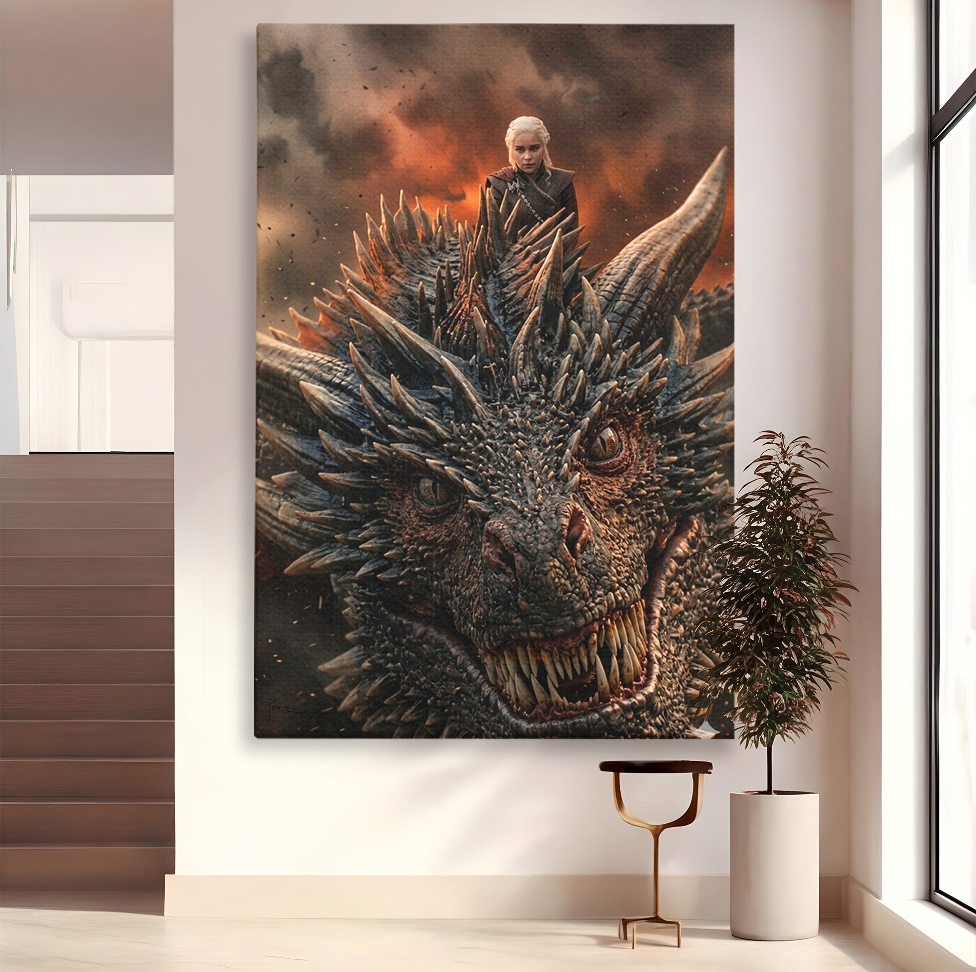 Tablou Canvas Premium LuxCanva® PI1202, Dragon In Zbor, Daenerys, Fantezie, Aventura, Epica, Dormitor, Culori Vibrante