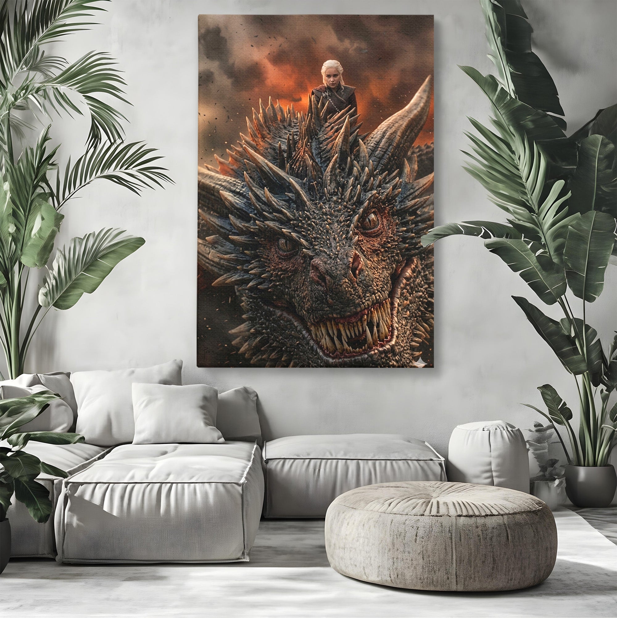 Tablou Canvas Premium LuxCanva® PI1202, Dragon In Zbor, Daenerys, Fantezie, Aventura, Epica, Dormitor, Culori Vibrante