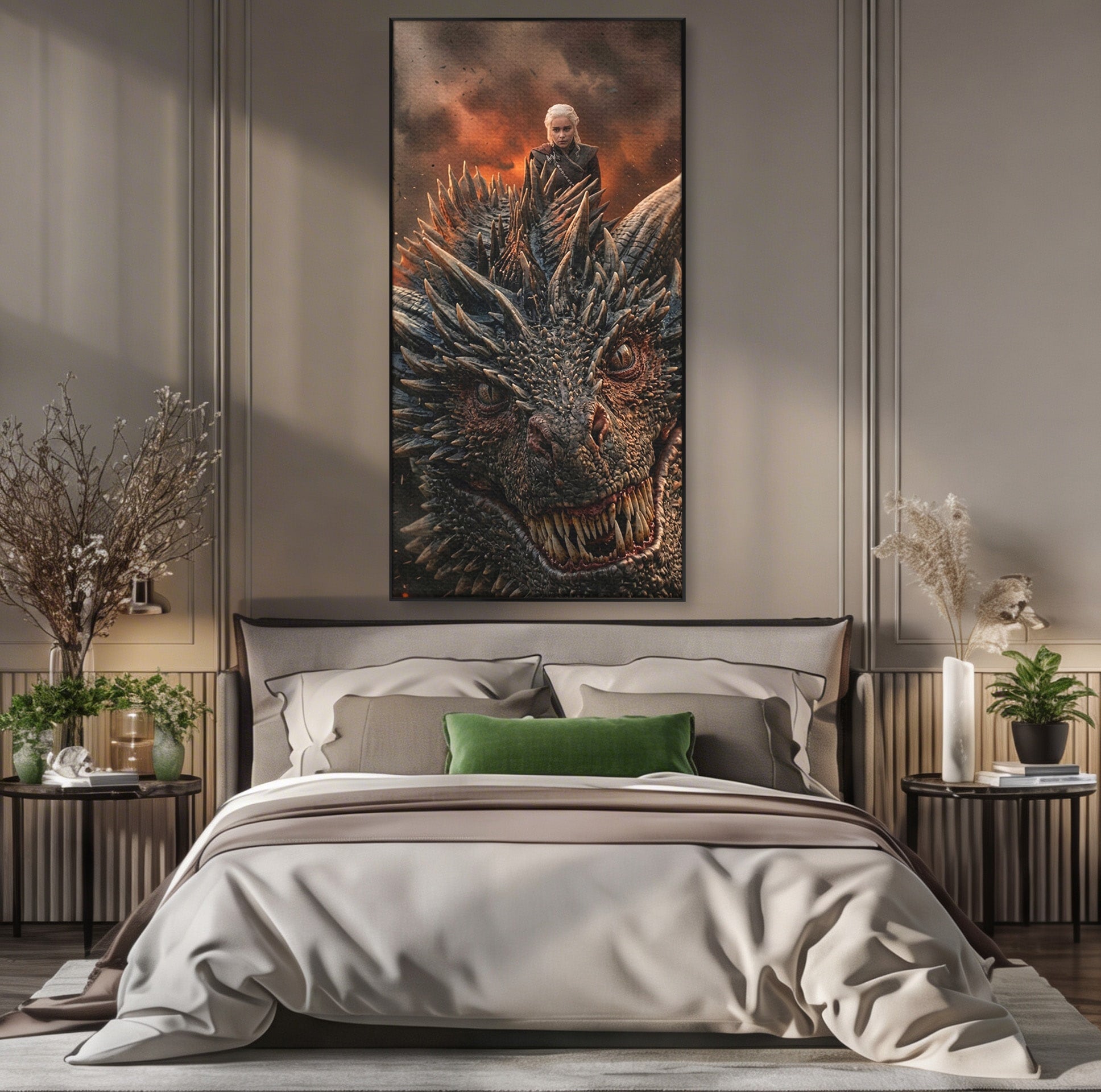Tablou Canvas Premium LuxCanva® PI1202, Dragon In Zbor, Daenerys, Fantezie, Aventura, Epica, Dormitor, Culori Vibrante