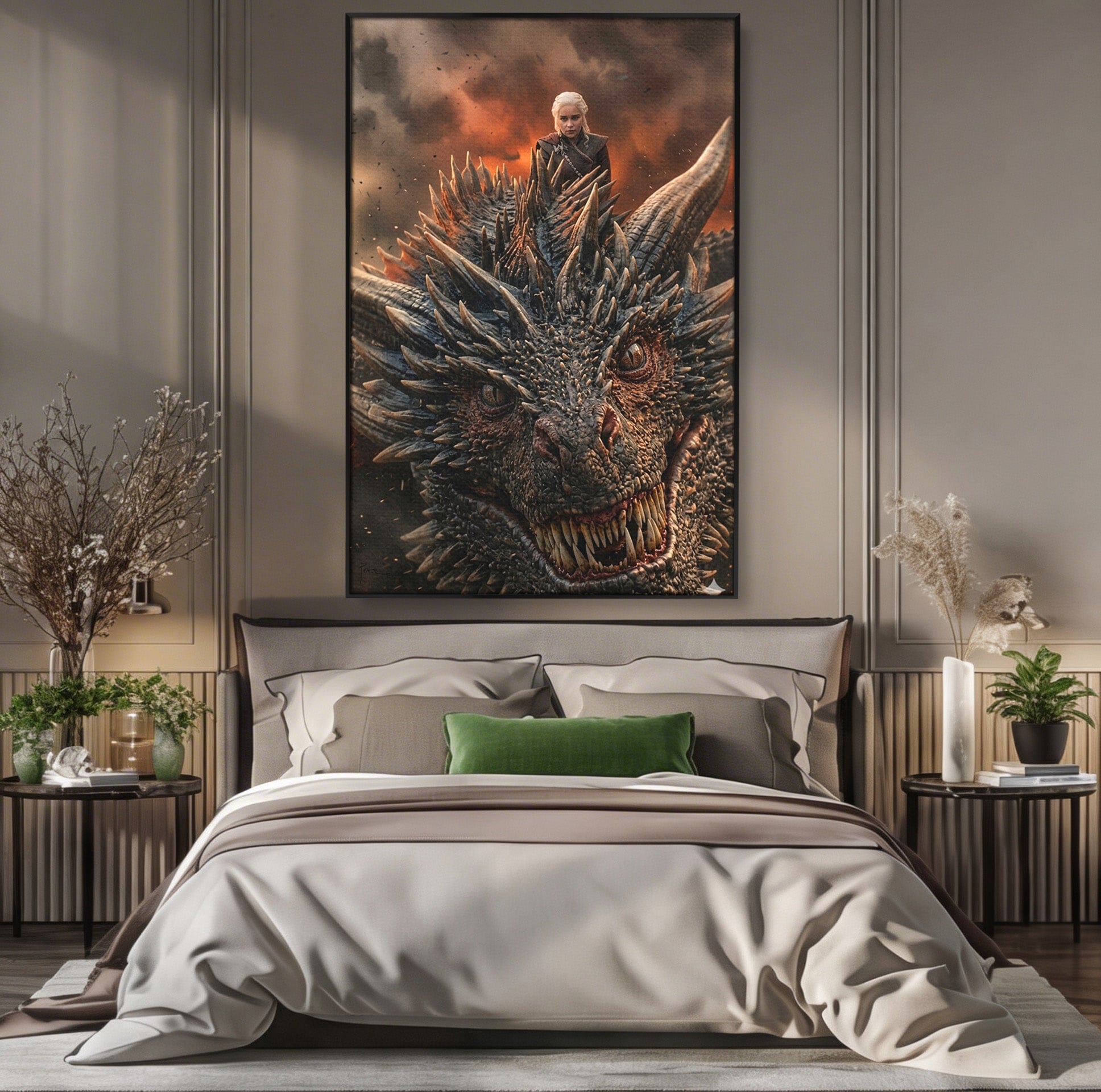 Tablou Canvas Premium LuxCanva® PI1202, Dragon In Zbor, Daenerys, Fantezie, Aventura, Epica, Dormitor, Culori Vibrante