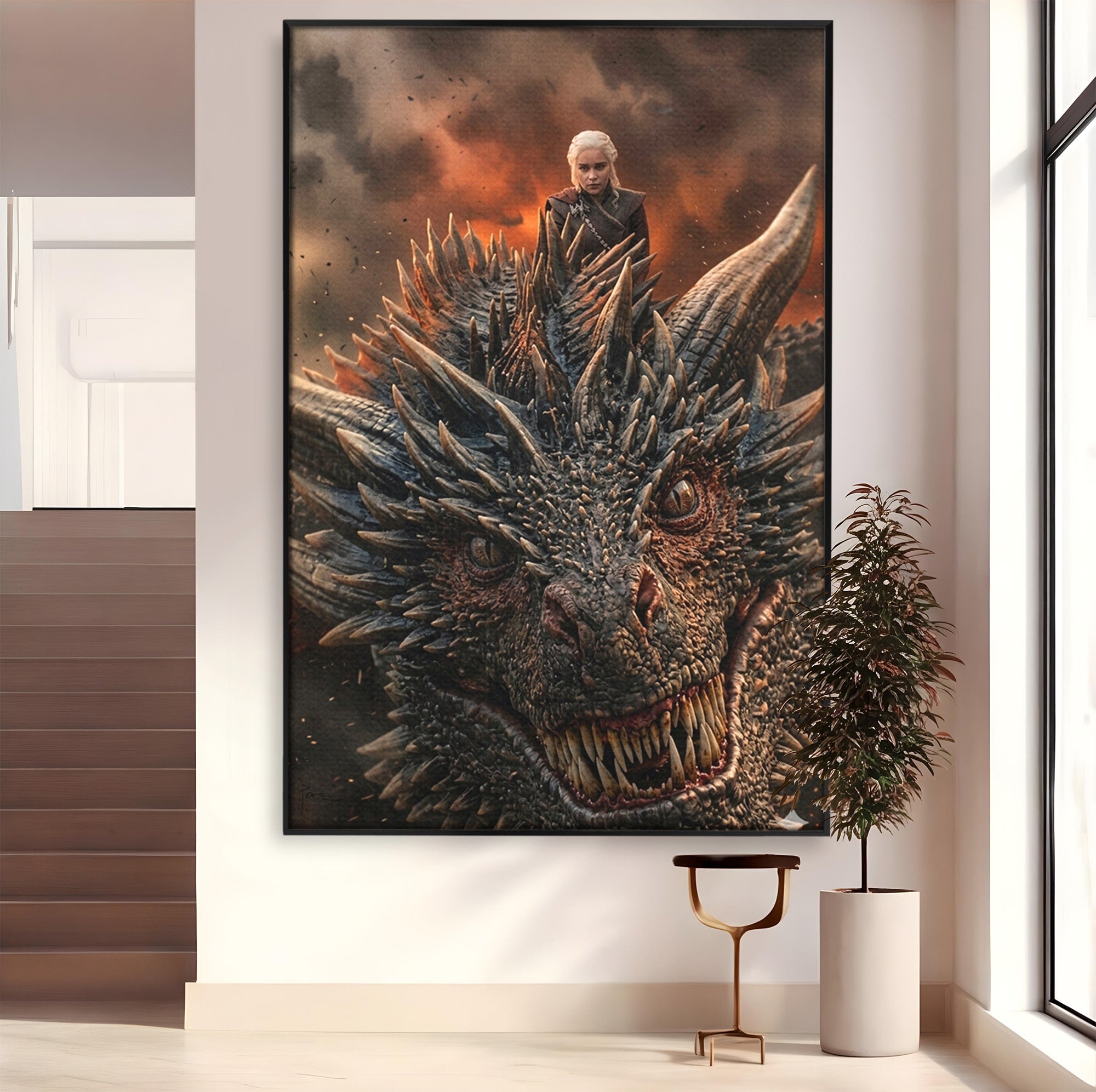 Tablou Canvas Premium LuxCanva® PI1202, Dragon In Zbor, Daenerys, Fantezie, Aventura, Epica, Dormitor, Culori Vibrante