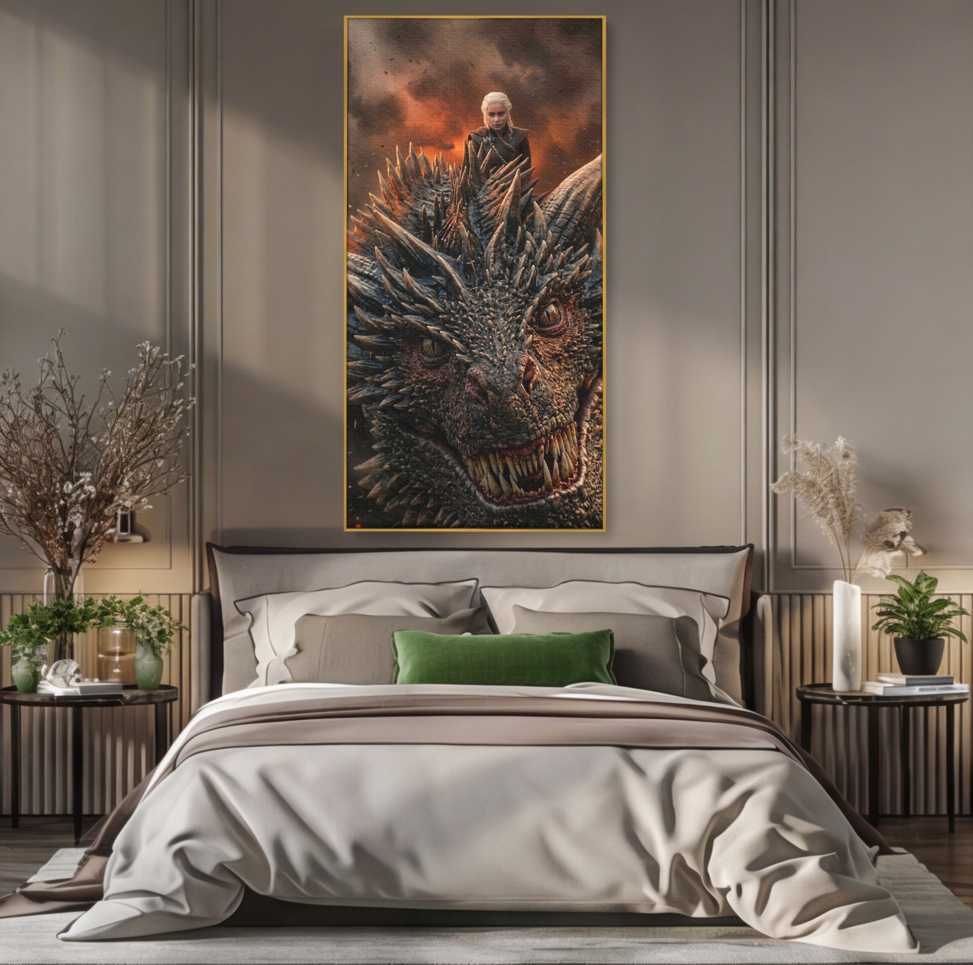 Tablou Canvas Premium LuxCanva® PI1202, Dragon In Zbor, Daenerys, Fantezie, Aventura, Epica, Dormitor, Culori Vibrante