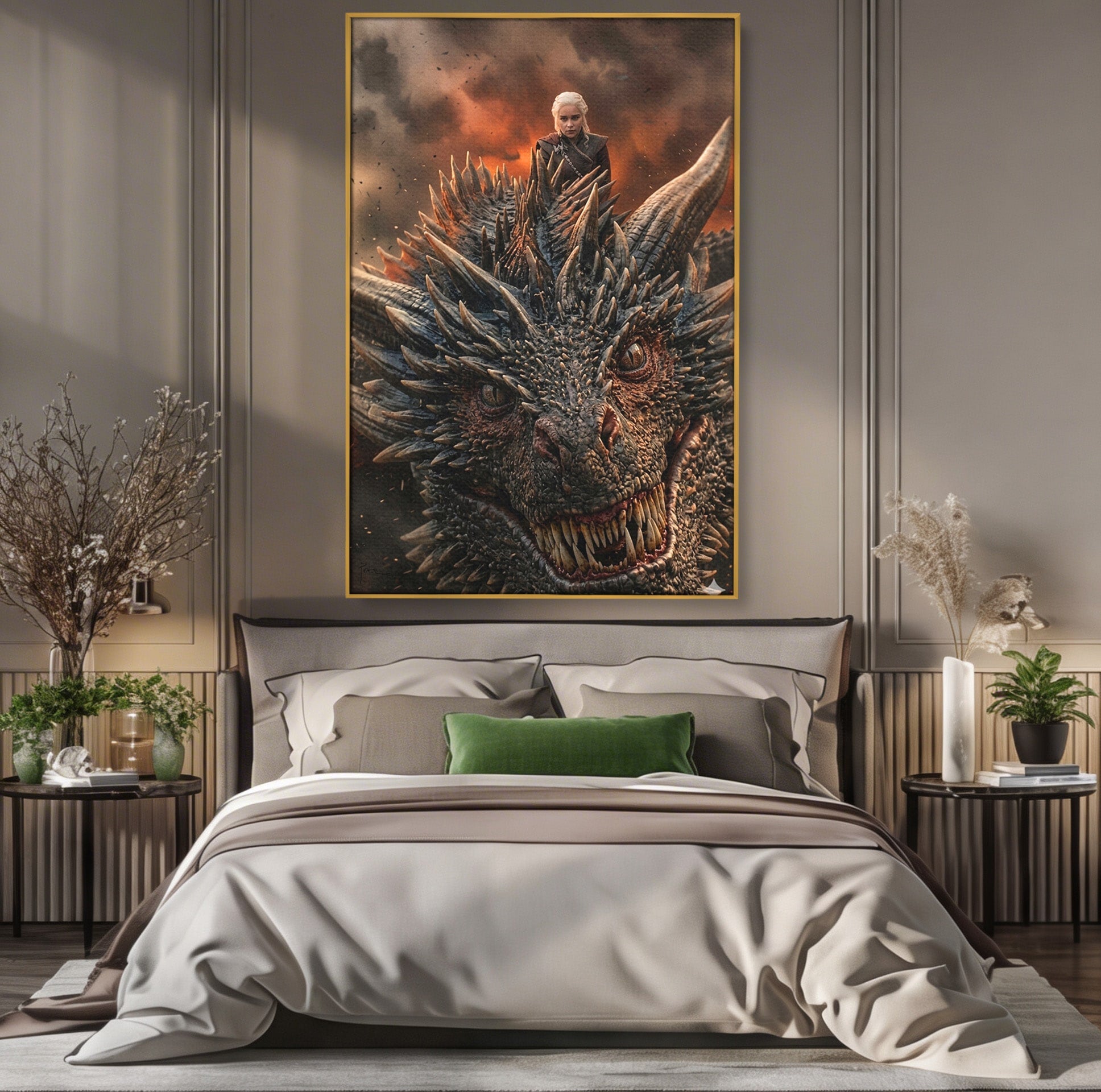 Tablou Canvas Premium LuxCanva® PI1202, Dragon In Zbor, Daenerys, Fantezie, Aventura, Epica, Dormitor, Culori Vibrante