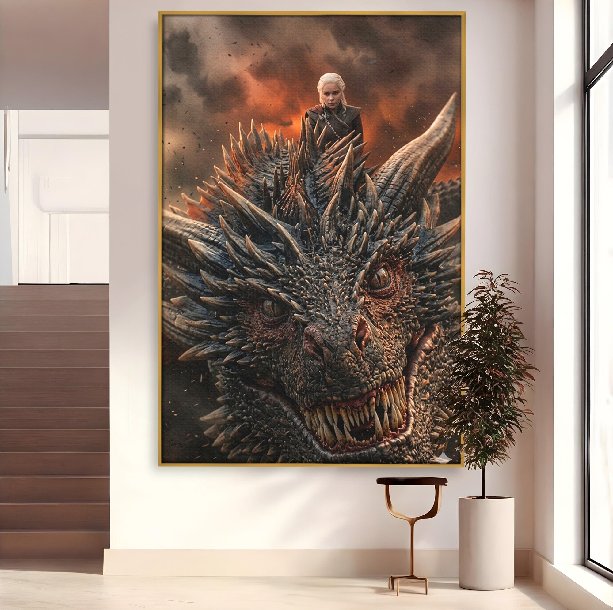 Tablou Canvas Premium LuxCanva® PI1202, Dragon In Zbor, Daenerys, Fantezie, Aventura, Epica, Dormitor, Culori Vibrante