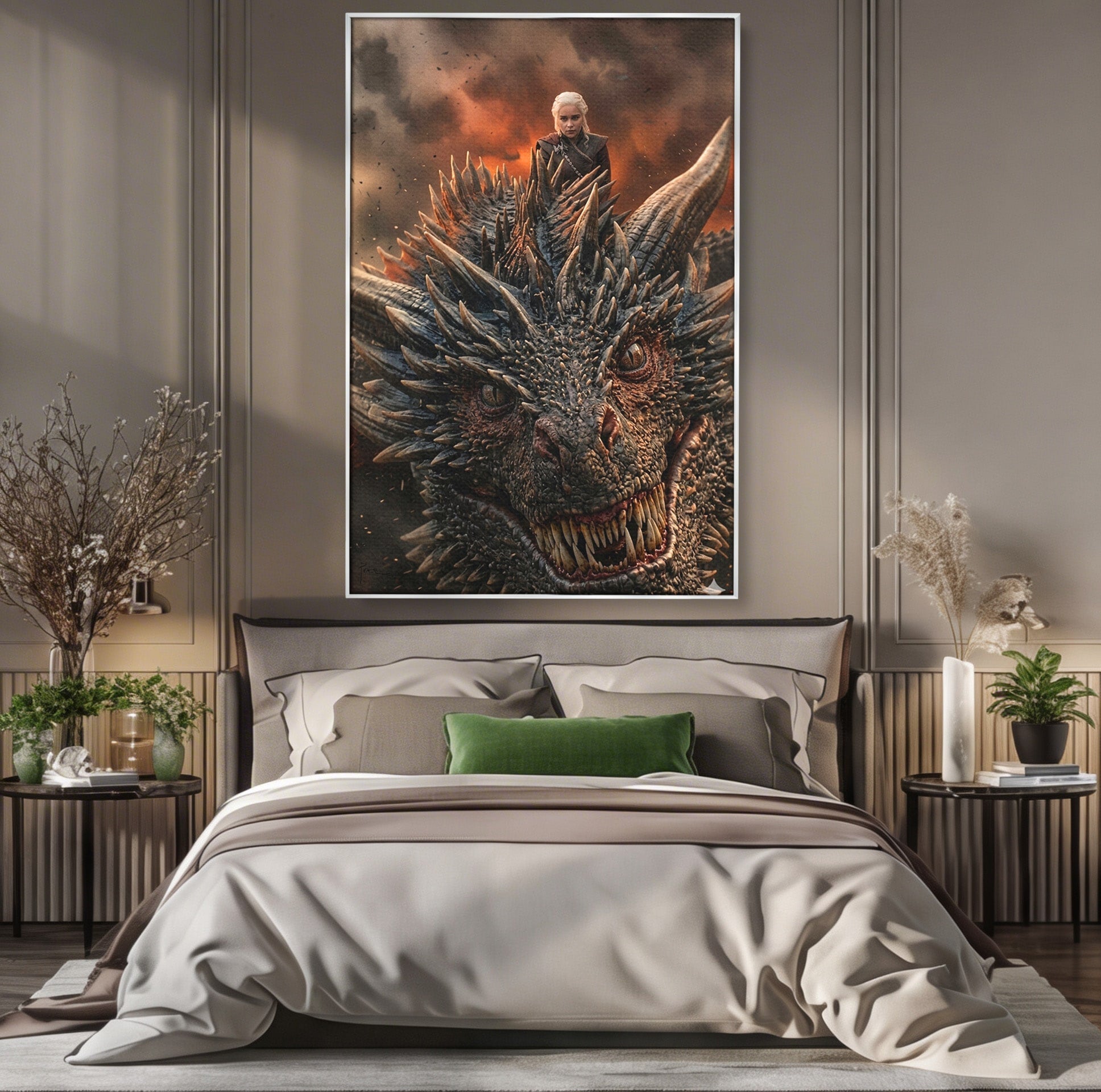 Tablou Canvas Premium LuxCanva® PI1202, Dragon In Zbor, Daenerys, Fantezie, Aventura, Epica, Dormitor, Culori Vibrante