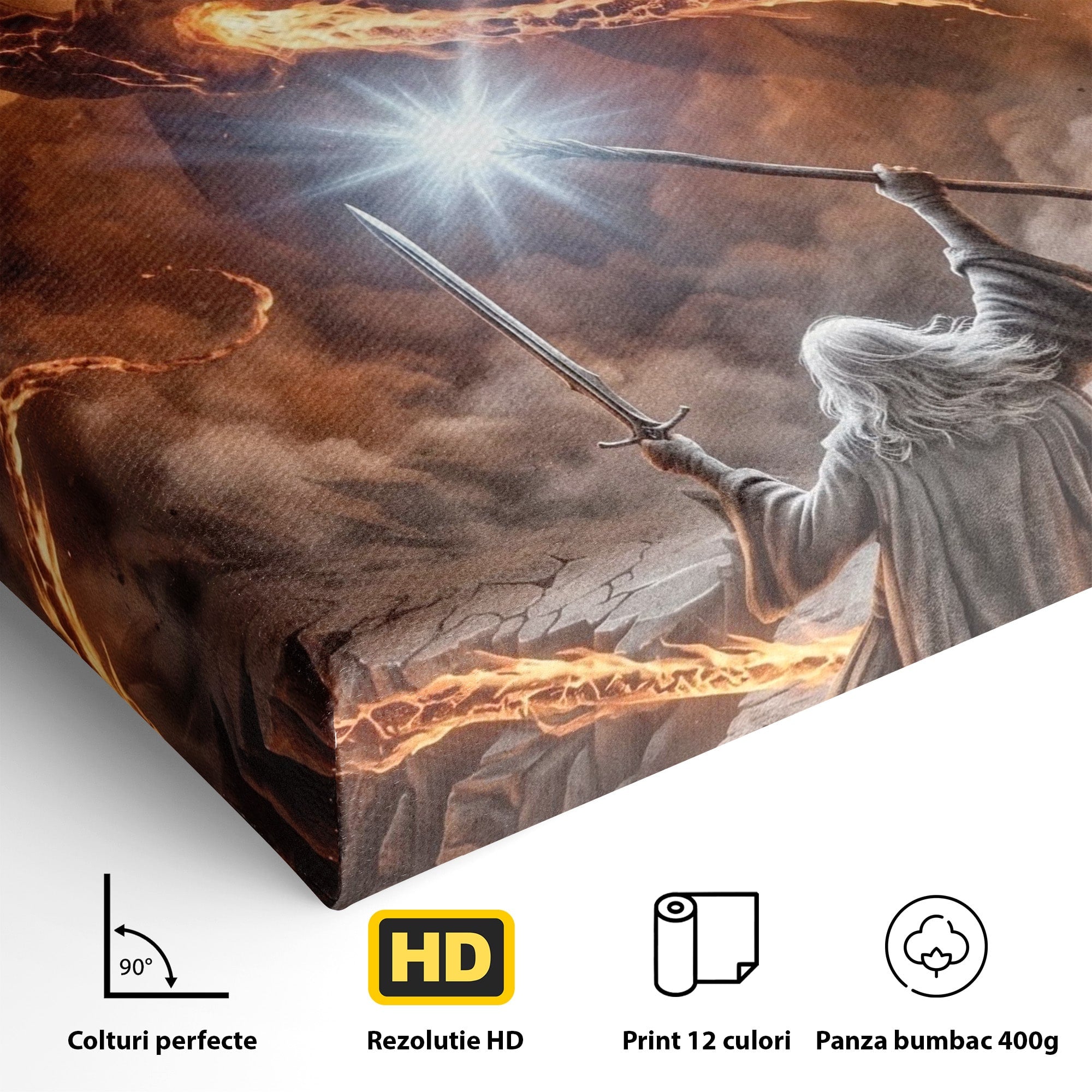 Tablou Canvas Premium LuxCanva® PI1203, Gandalf si Demonul Focului, Bestie, Foc, Lupta, Fantezie, Aventura, Living, Culori Vibrante