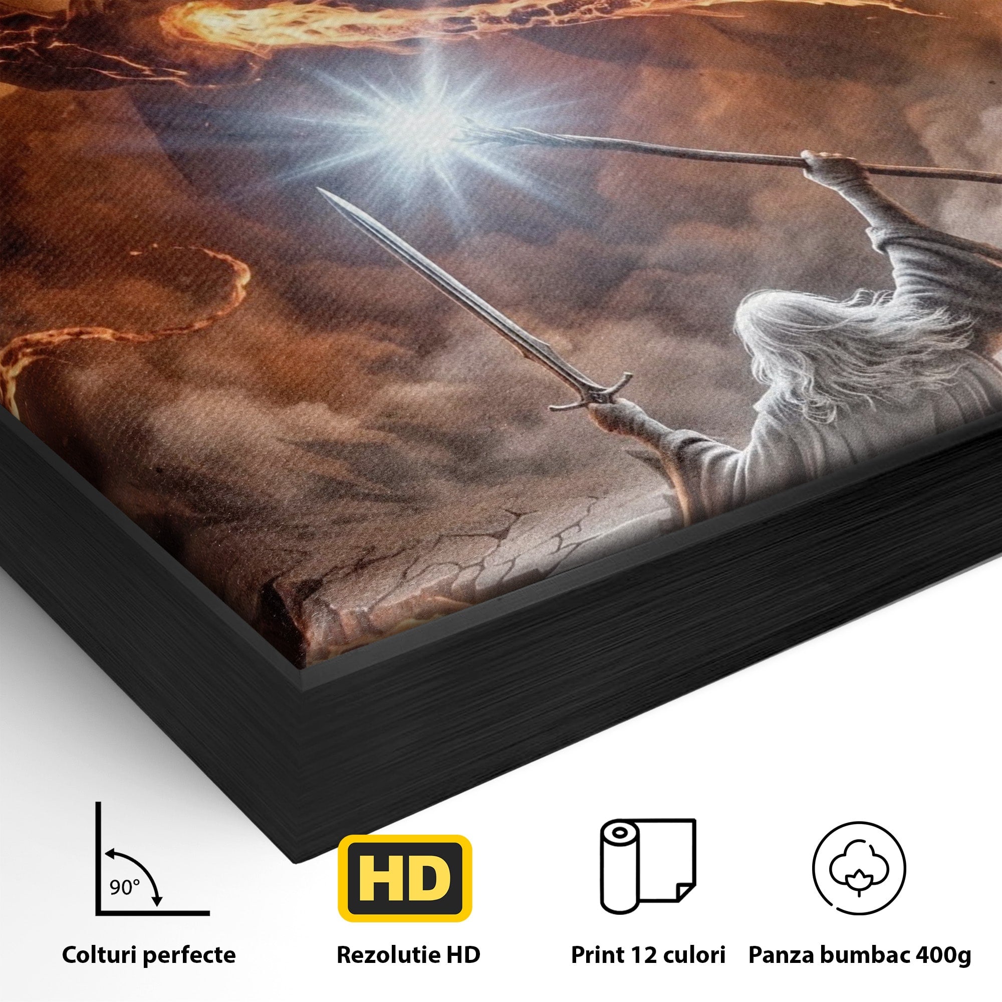 Tablou Canvas Premium LuxCanva® PI1203, Gandalf si Demonul Focului, Bestie, Foc, Lupta, Fantezie, Aventura, Living, Culori Vibrante