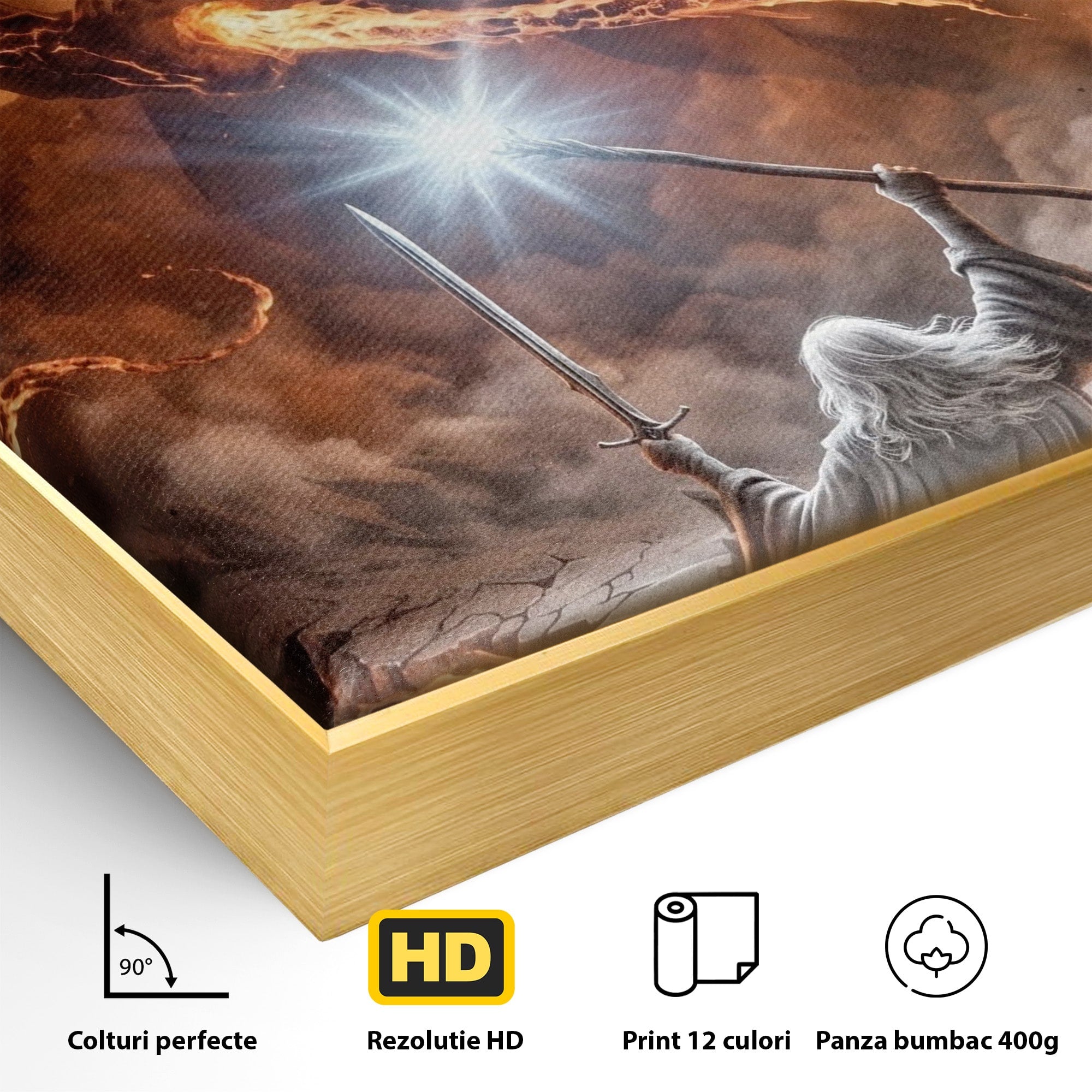 Tablou Canvas Premium LuxCanva® PI1203, Gandalf si Demonul Focului, Bestie, Foc, Lupta, Fantezie, Aventura, Living, Culori Vibrante