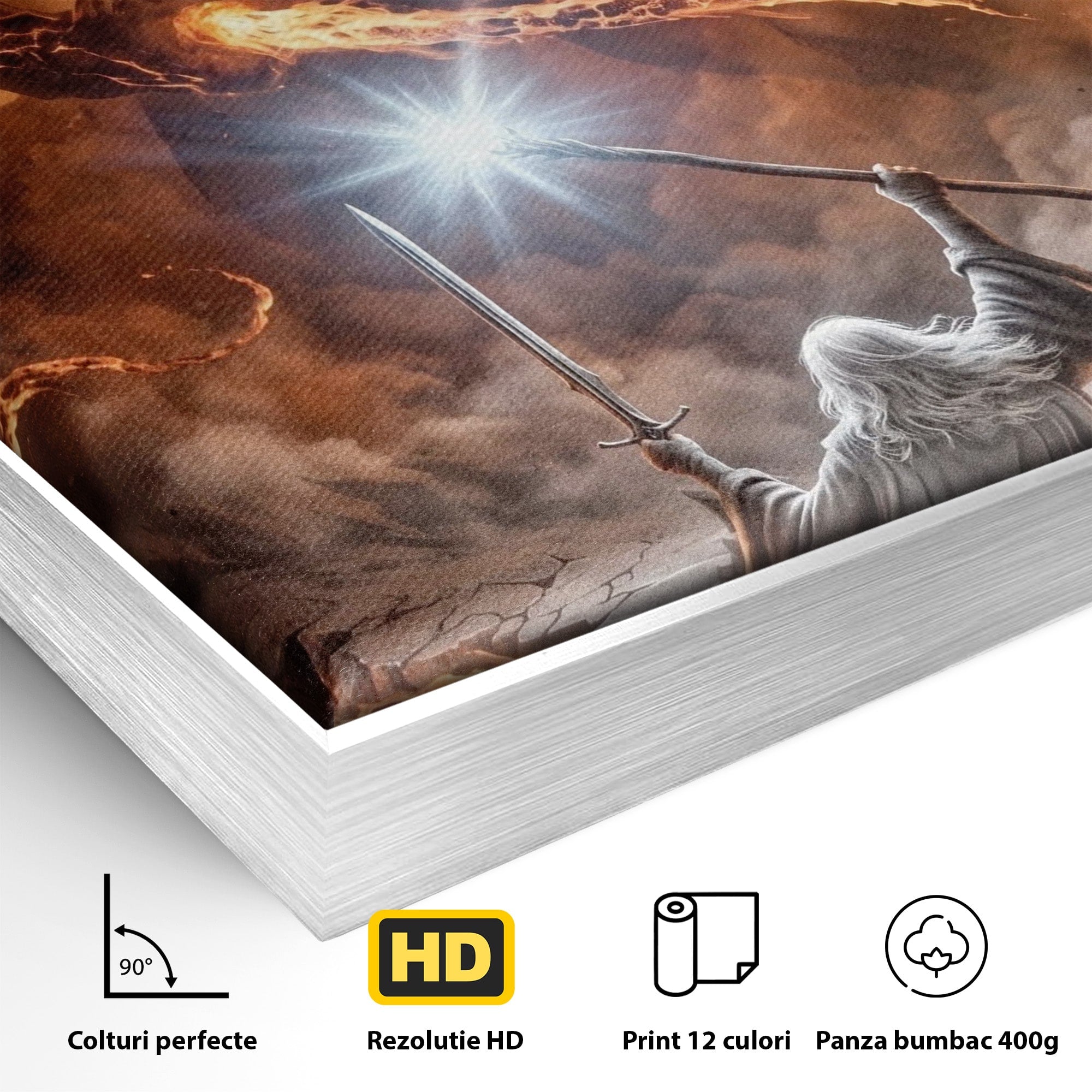 Tablou Canvas Premium LuxCanva® PI1203, Gandalf si Demonul Focului, Bestie, Foc, Lupta, Fantezie, Aventura, Living, Culori Vibrante