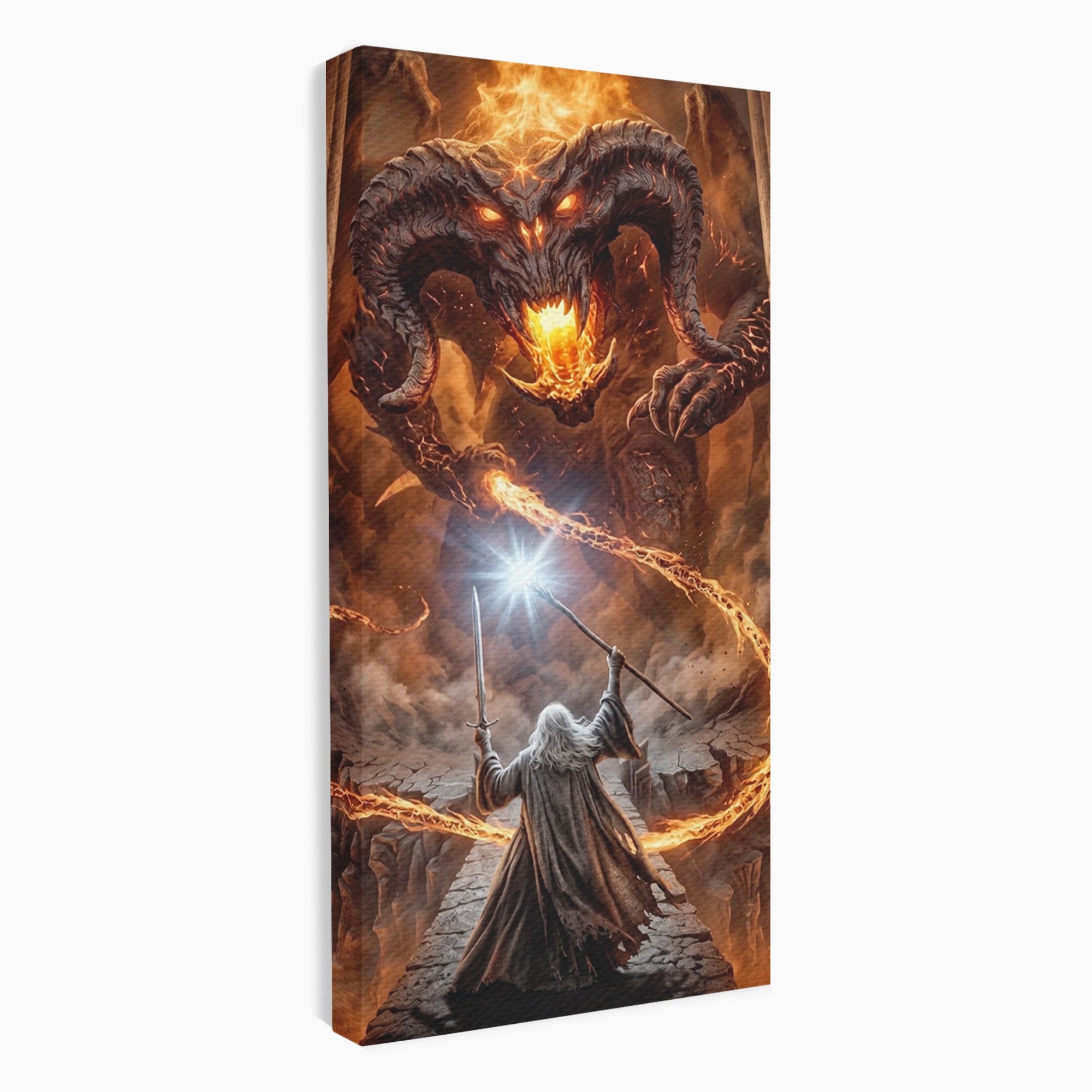 Tablou Canvas Premium LuxCanva® PI1203, Gandalf si Demonul Focului, Bestie, Foc, Lupta, Fantezie, Aventura, Living, Culori Vibrante