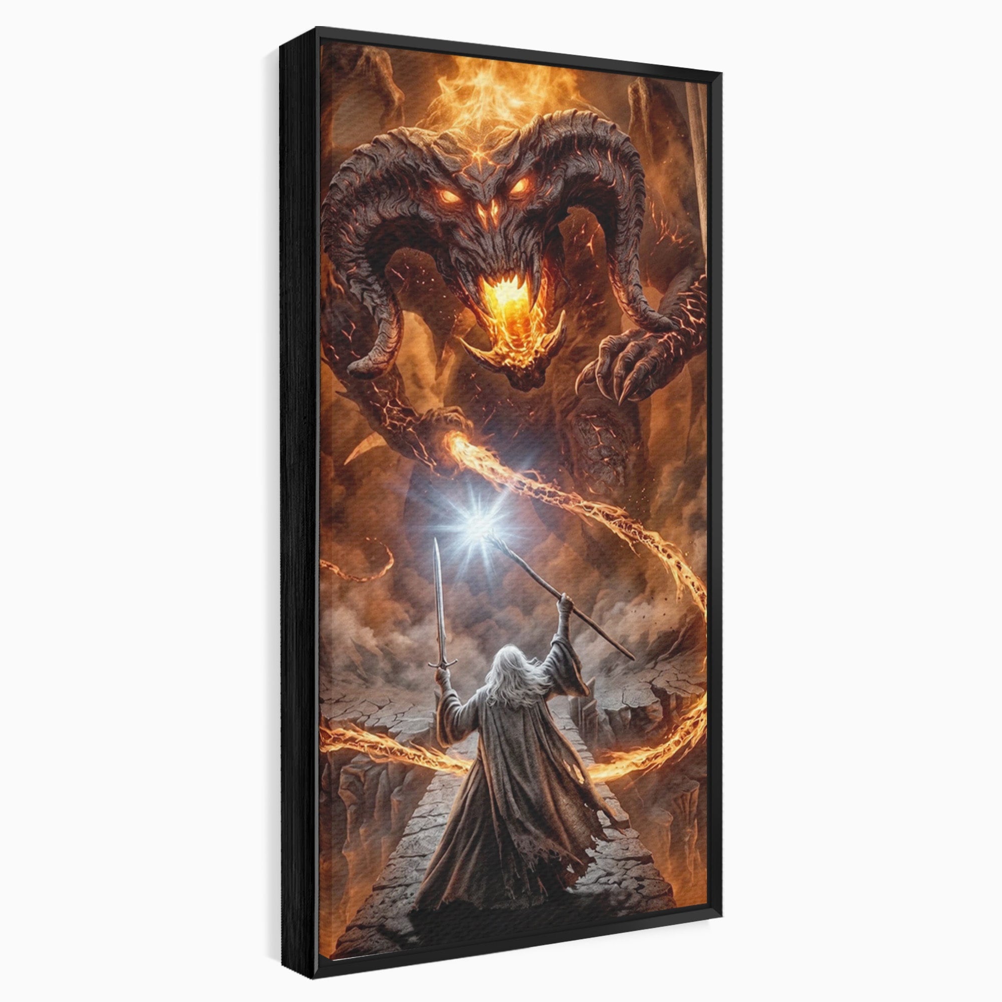 Tablou Canvas Premium LuxCanva® PI1203, Gandalf si Demonul Focului, Bestie, Foc, Lupta, Fantezie, Aventura, Living, Culori Vibrante