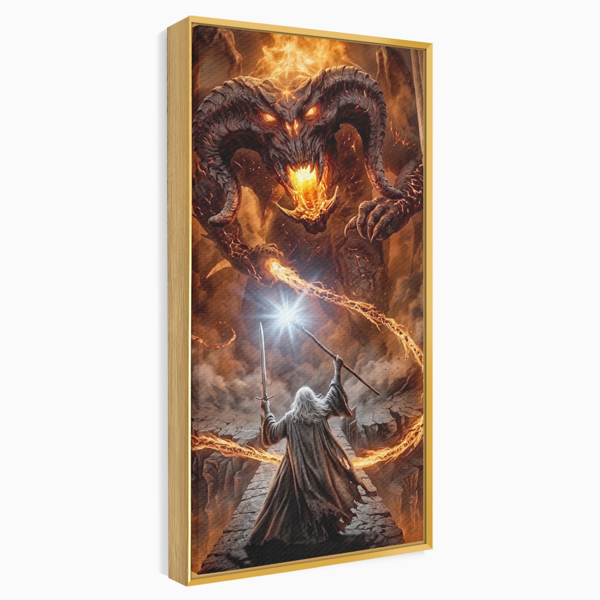 Tablou Canvas Premium LuxCanva® PI1203, Gandalf si Demonul Focului, Bestie, Foc, Lupta, Fantezie, Aventura, Living, Culori Vibrante