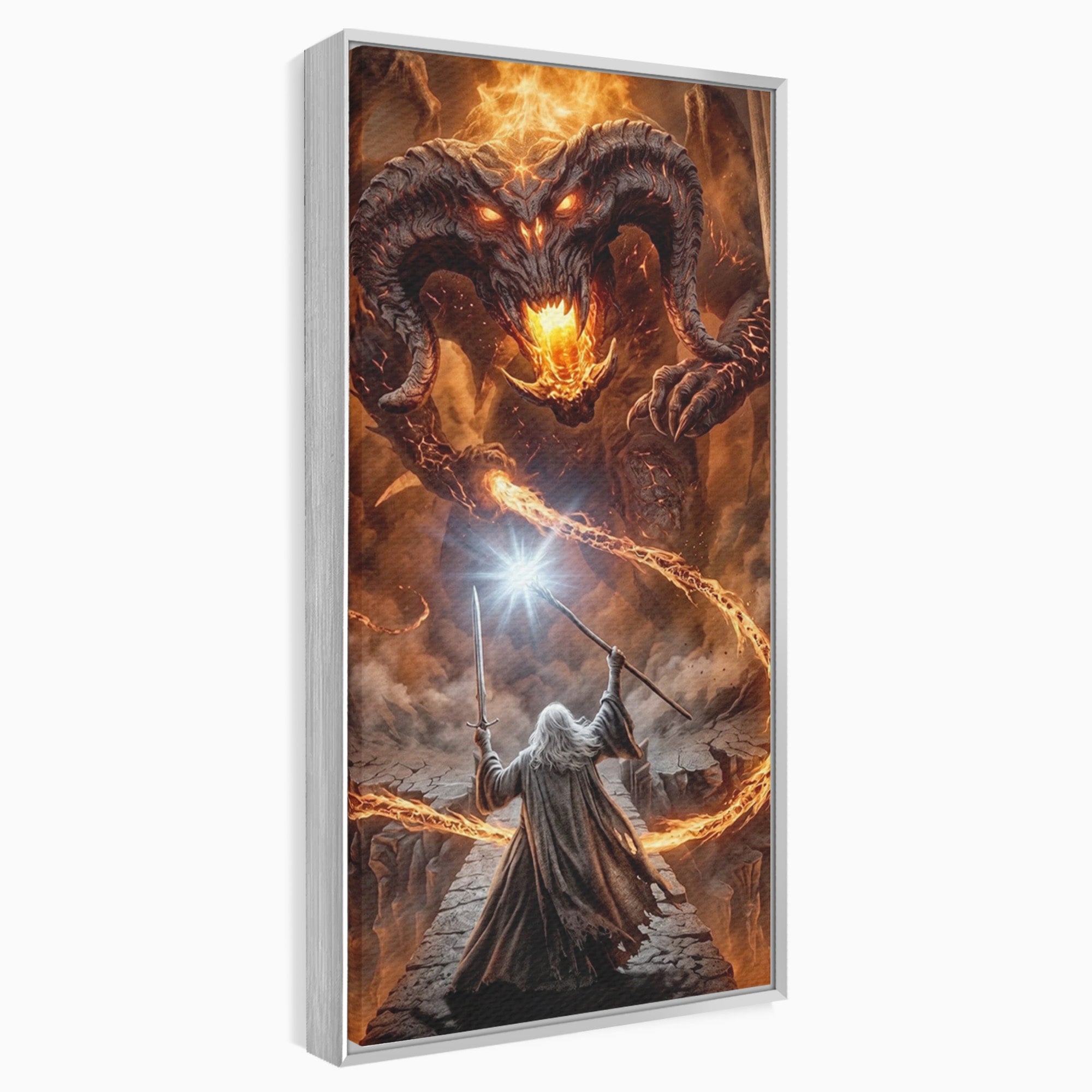 Tablou Canvas Premium LuxCanva® PI1203, Gandalf si Demonul Focului, Bestie, Foc, Lupta, Fantezie, Aventura, Living, Culori Vibrante