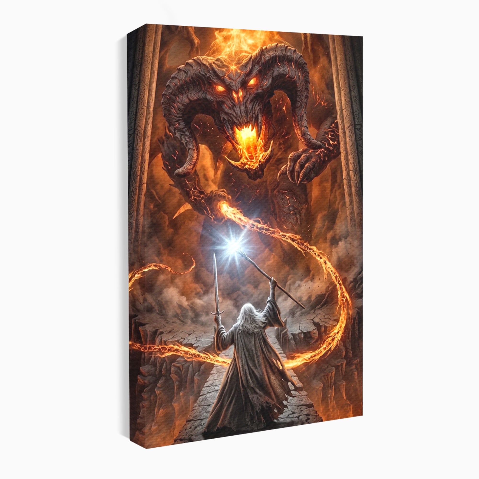 Tablou Canvas Premium LuxCanva® PI1203, Gandalf si Demonul Focului, Bestie, Foc, Lupta, Fantezie, Aventura, Living, Culori Vibrante
