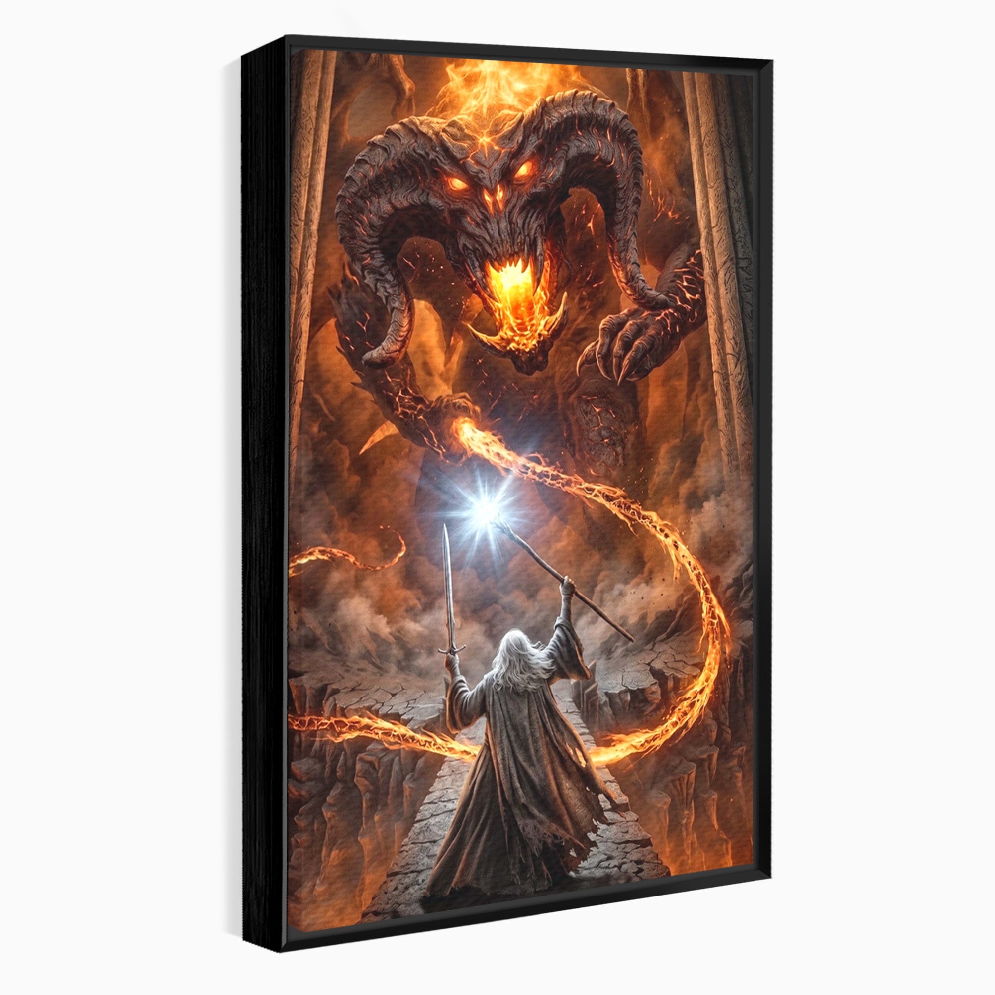 Tablou Canvas Premium LuxCanva® PI1203, Gandalf si Demonul Focului, Bestie, Foc, Lupta, Fantezie, Aventura, Living, Culori Vibrante