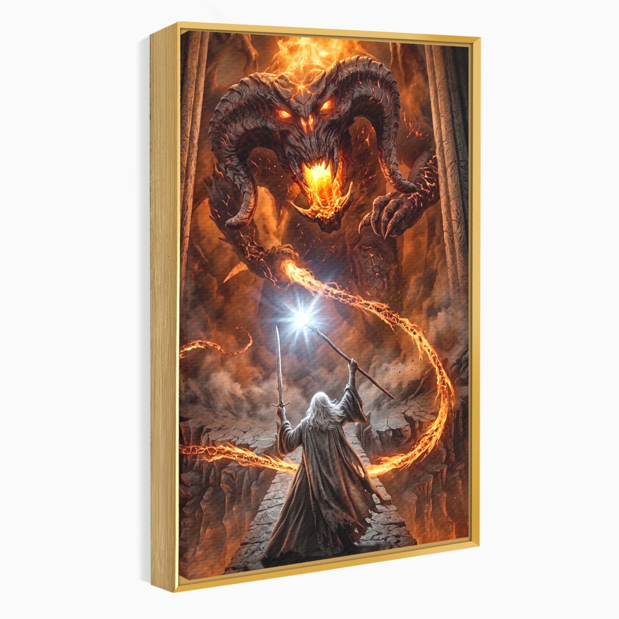 Tablou Canvas Premium LuxCanva® PI1203, Gandalf si Demonul Focului, Bestie, Foc, Lupta, Fantezie, Aventura, Living, Culori Vibrante