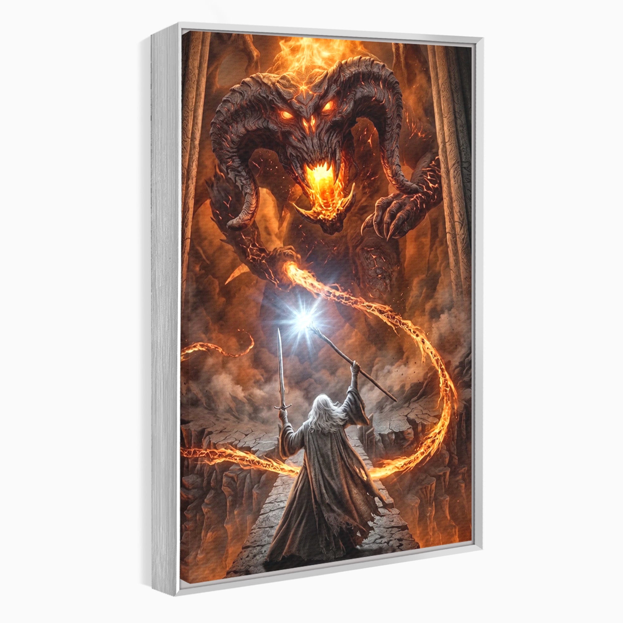 Tablou Canvas Premium LuxCanva® PI1203, Gandalf si Demonul Focului, Bestie, Foc, Lupta, Fantezie, Aventura, Living, Culori Vibrante