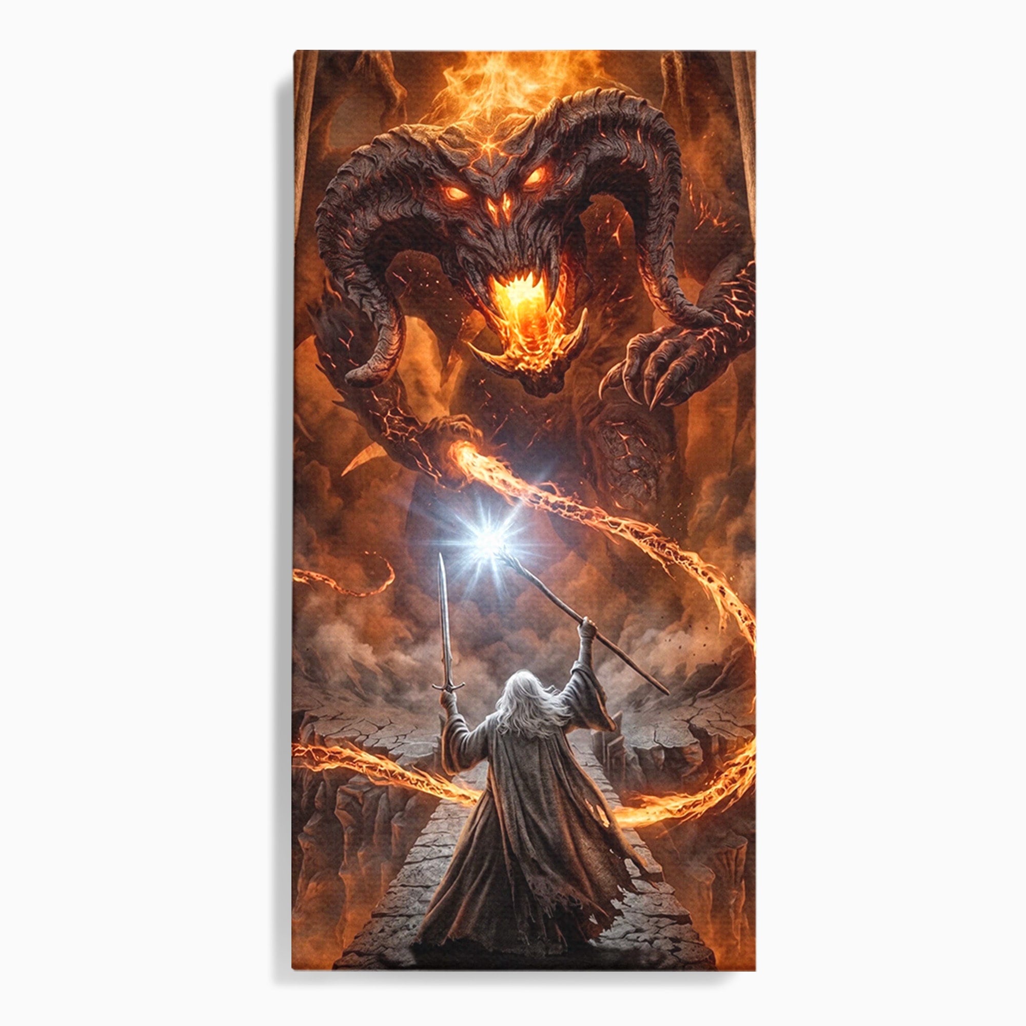 Tablou Canvas Premium LuxCanva® PI1203, Gandalf si Demonul Focului, Bestie, Foc, Lupta, Fantezie, Aventura, Living, Culori Vibrante