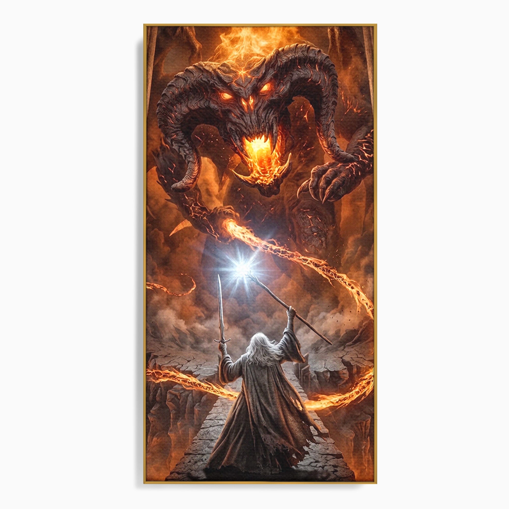 Tablou Canvas Premium LuxCanva® PI1203, Gandalf si Demonul Focului, Bestie, Foc, Lupta, Fantezie, Aventura, Living, Culori Vibrante