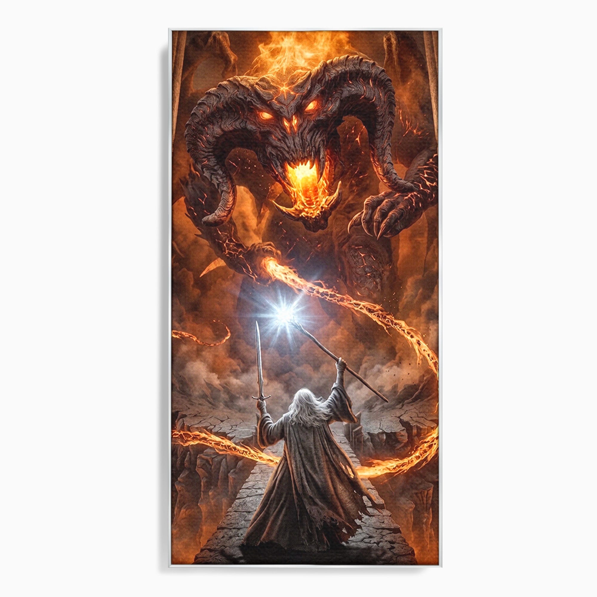 Tablou Canvas Premium LuxCanva® PI1203, Gandalf si Demonul Focului, Bestie, Foc, Lupta, Fantezie, Aventura, Living, Culori Vibrante